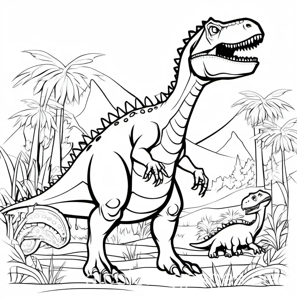 Size comparison of small and large dinosaurs with a human for scale. 2 dimension, low detail, thick lines, no shading., Coloring Page, black and white, line art, white background, Simplicity, Ample White Space. The background of the coloring page is plain white to make it easy for young children to color within the lines. The outlines of all the subjects are easy to distinguish, making it simple for kids to color without too much difficulty