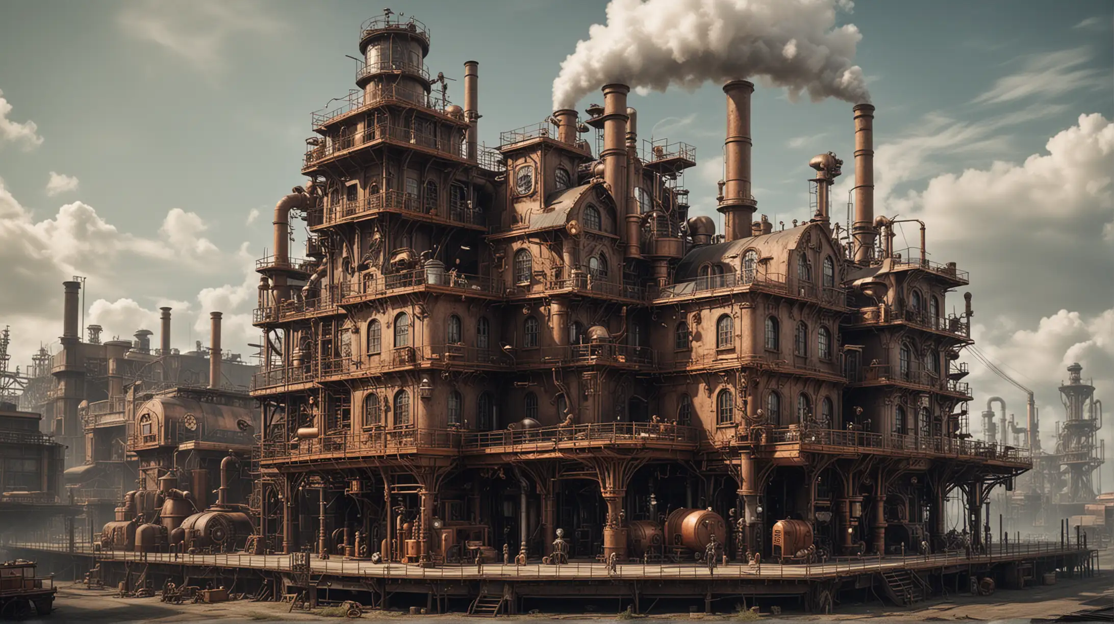 Steampunk Factory with Industrial Machinery and Brass Pipes