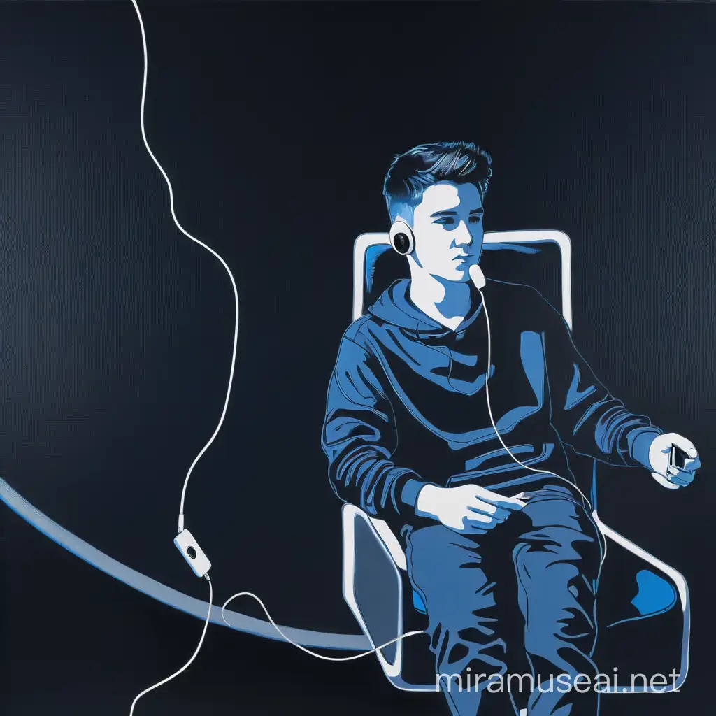 Make a painting of a boy sitting in a  modern chair holding his phone. His phone is connected to wired in-ear earbuds. His ears are be dark and almost decayed. The background is a blend of black and blue, but there should be a white outline of a cube around the boy. The boy needs to be sad. Remember the white outline like in the reference picture. And the earbuds are like the tiny apple ones. Remember his ears need to be dark and decayed
