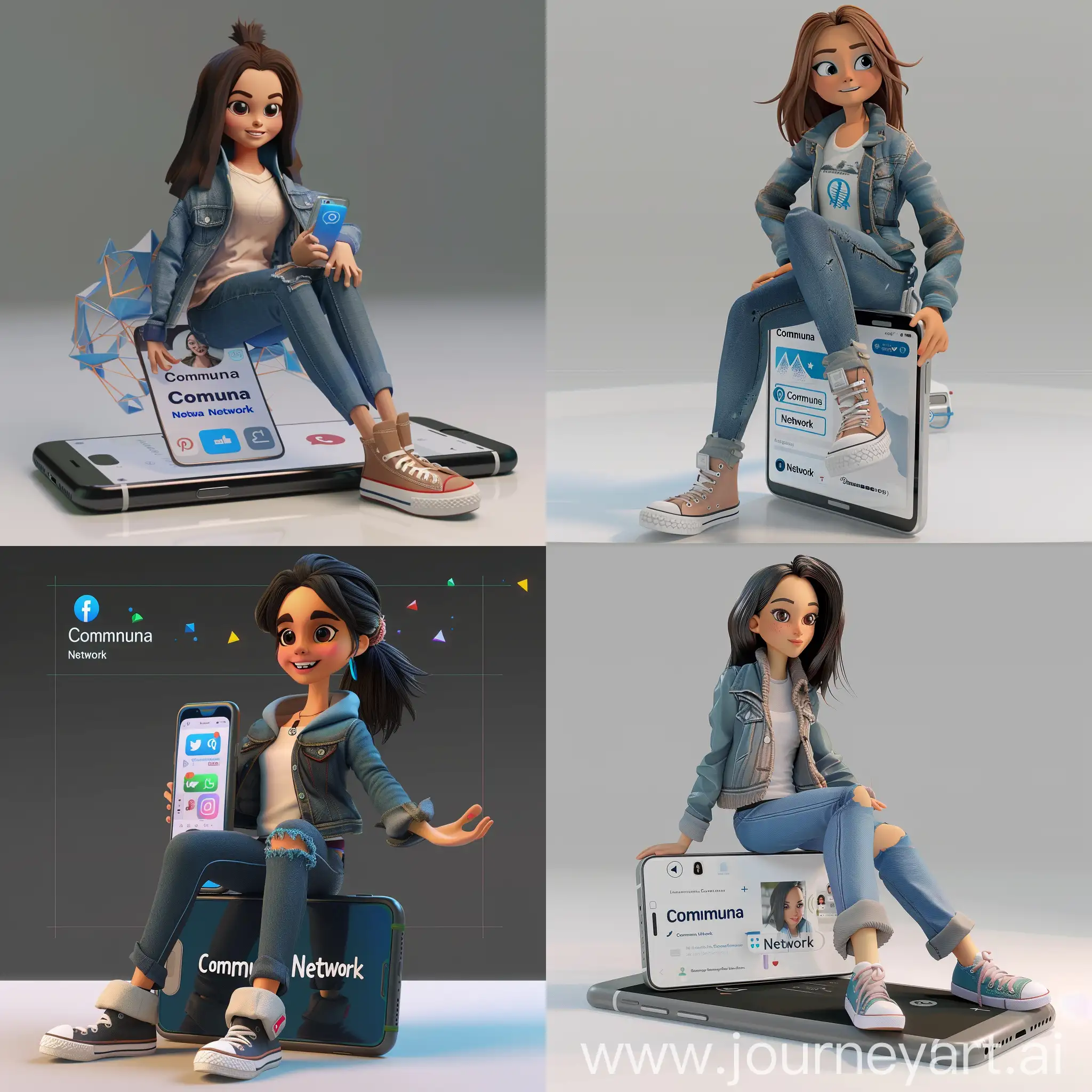 Create a 3D illustration of an animated characters sitting casually on top of an Iphone with Telegram opened int. The character should be a beautiful female woman wearing modern clothing such as jeans jacket and convese shoes. The Background of the image is a social media profile page with a user name “Communa Network” and a profile picture that matches the animated character.