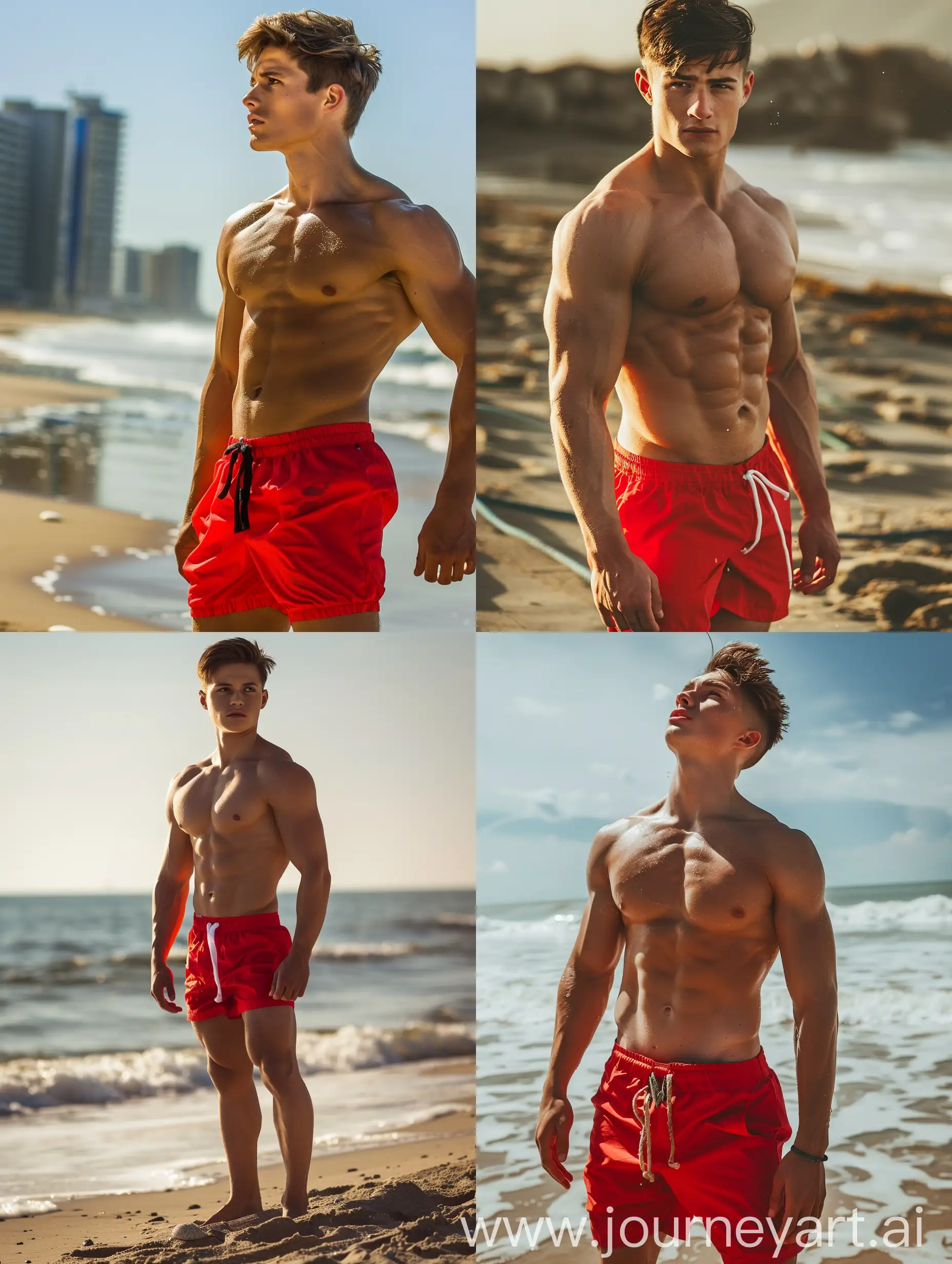 Мускулистый парень в красных шортах на пляже