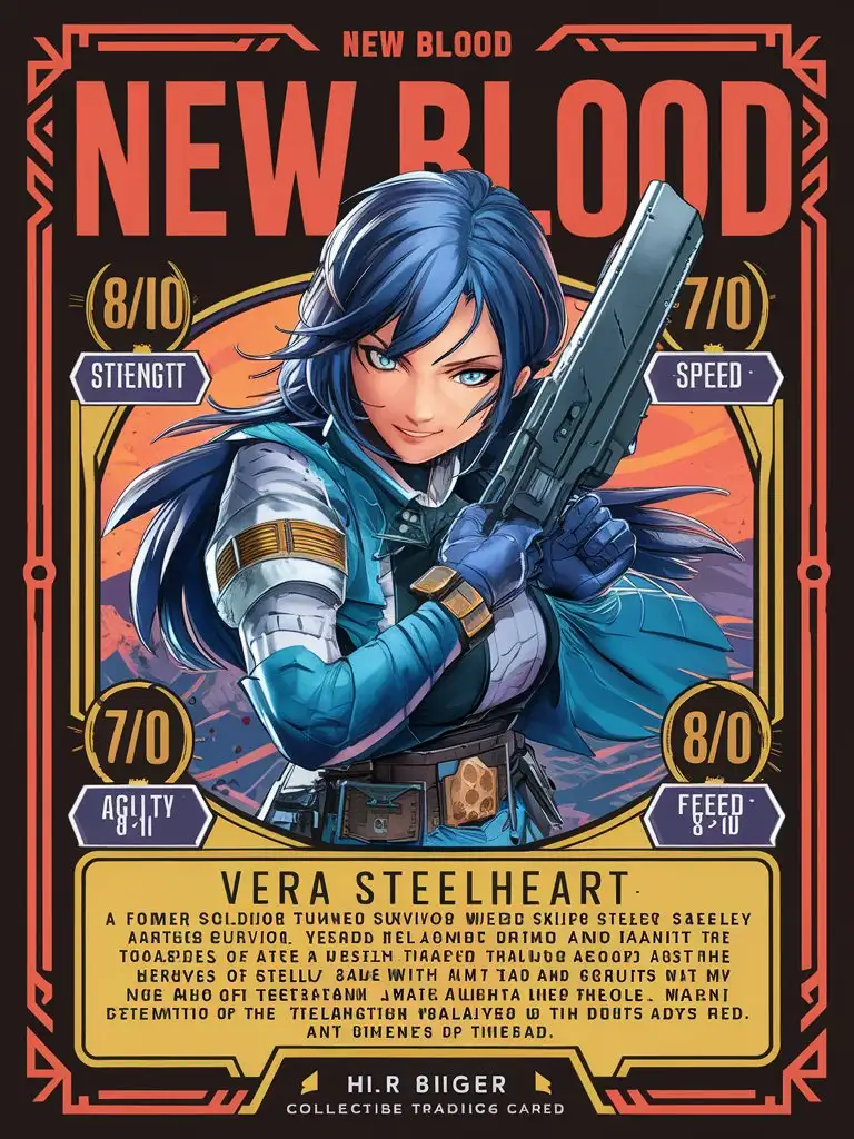 "describe a premium collectible trading card design for 'New Blood' featuring 'Vera Steelheart'. Include the following elements: * Card name: 'Vera Steelheart' in bold text * Stats: + Strength: 8/10 + Speed: 7/10 + Agility: 6/10 + Fear Factor: 8/10 * + Description: A former soldier turned hardened survivor, Vera Steelheart wields her combat skills and steely resolve against the relentless tide of the undead. With a heart of iron and nerves of steel, she leads her group with unwavering determination, ready to face any challenge that comes their way. + Card details: + Manga-style artwork with 8k/16k visuals + UHD palette with vibrant colors + Intricate details and H.R. Giger-inspired surrealism + Hero-style fantasy scene with natural lighting + Imagery inspired by Tim Burton's twisted hero aesthetic + Rendered with Octane rendering * Premium 14PT card stock with authenticated design * UHD atmosphere and intricate details throughout the design Format the design with a standard trading card layout, including space for a holographic foil or other premium finishes. Please ensure the design is breathtaking, with a bad-picture-chill-75v effect, and a ral-dissolve finish." --q 100 --c 500