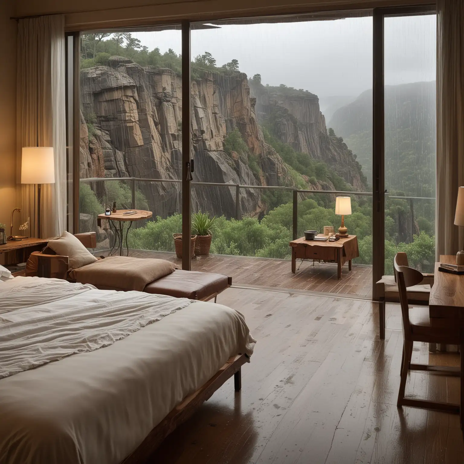 big bed, floor-to-ceiling windows, wood desk, table lamp, rain outside, cliff edge