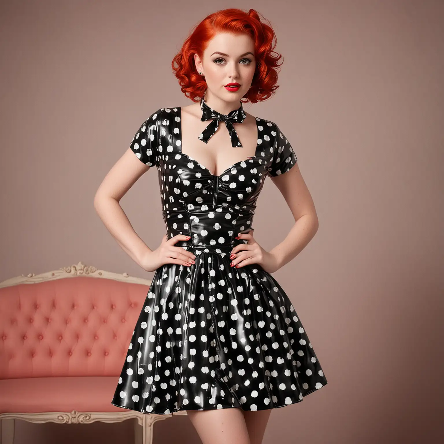 Playful Polka Dot Latex Dress with Plunging Neckline and Flared Skirt