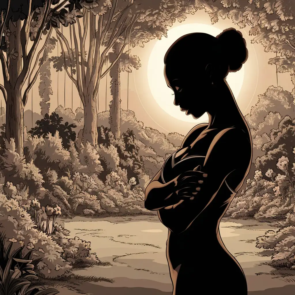create a beautiful image of a black
 silhouette of a woman thinking and reflecting in a garden