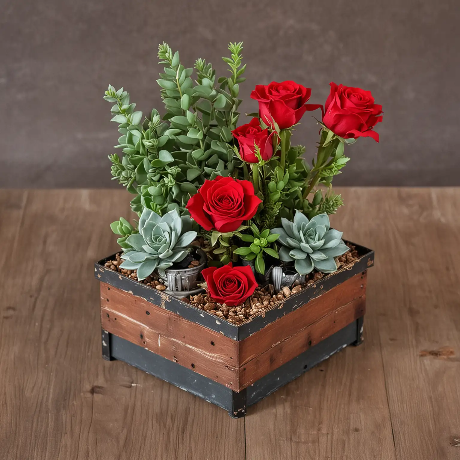 a small and simple DIY industrial wedding centerpiece with red roses and succulents