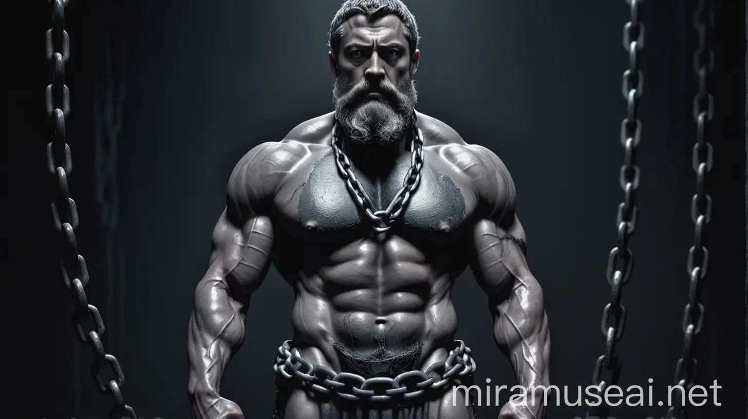 A stoic muscular figure with a large beard of gray color standing in a dark room in the background there are thick chains the image is dark and is in a dark gray color the figure is also gray in color and has black abrasion wounds on its body