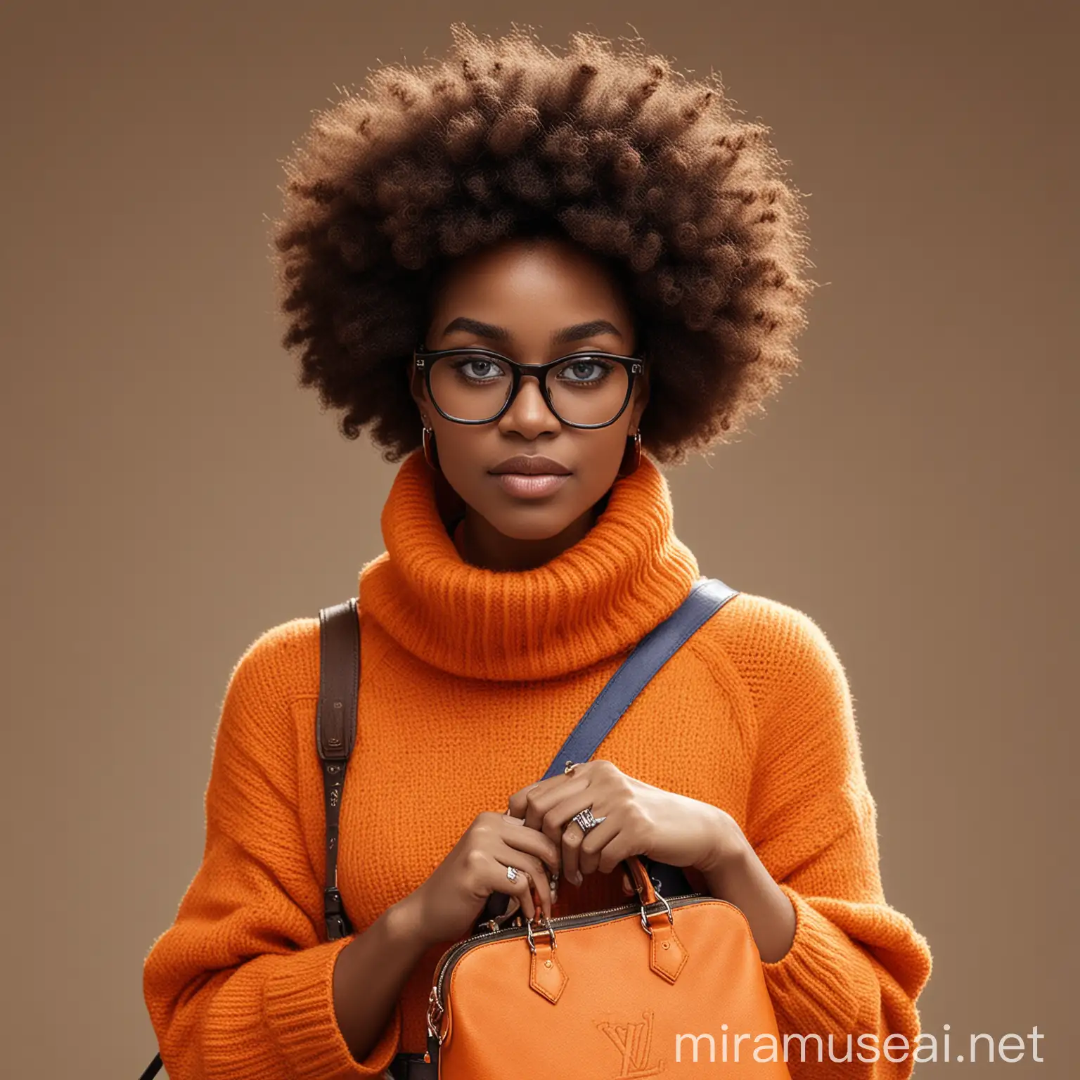 one black woman with dark skin and glasses wearing an orange knit swater with cowel neck and no sleeves holding a louis vitton messenger bag. she has a large afro and blue eyeglasses. she is professional and ready to work
