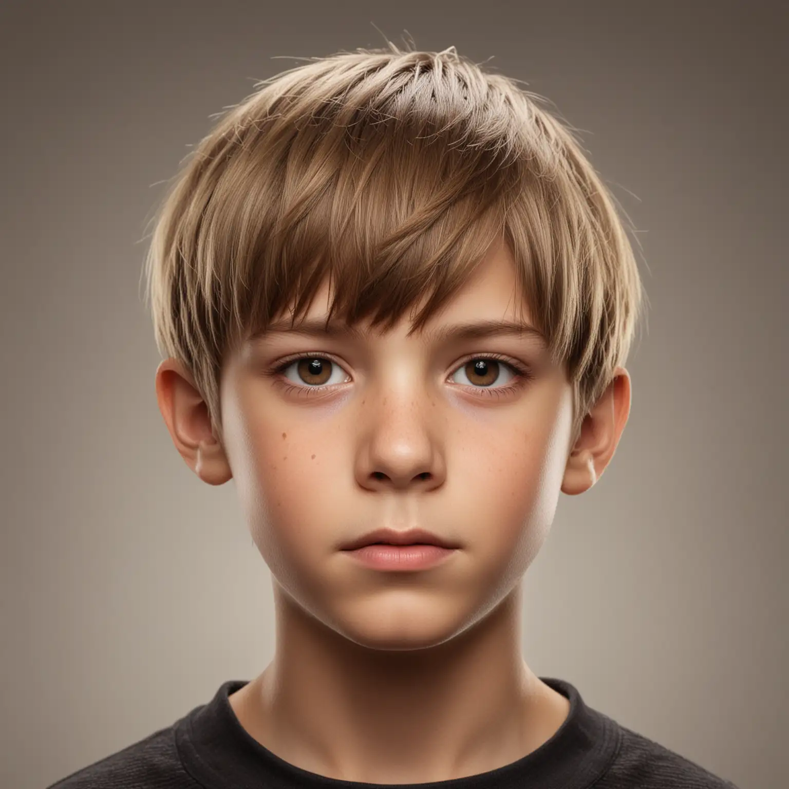 Portrait of ElevenYearOld Boy with Shiny Hair and Light Brown Bowl Cut Hairstyle