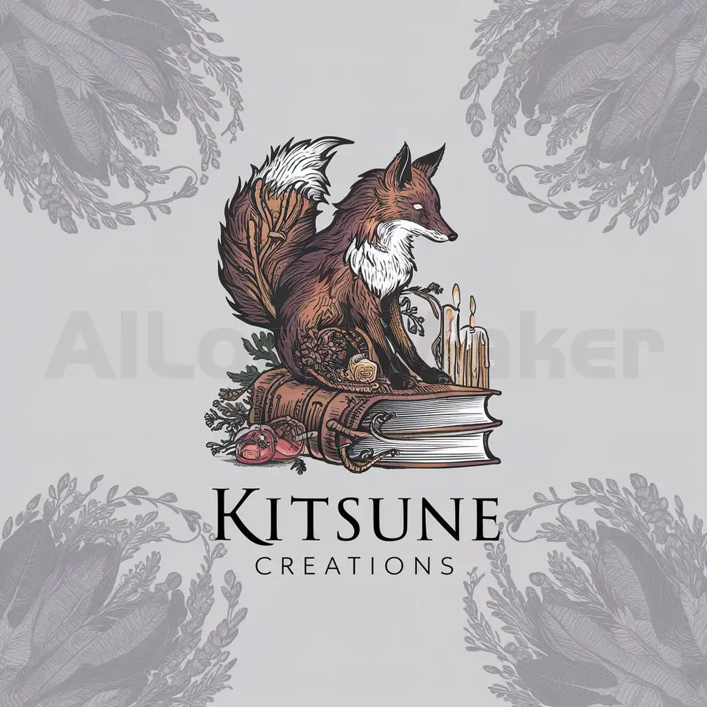  A logo design, with the text "Kitsune Creations", main symbol: The logo for Kitsune Creations features a mythical fox (kitsune) intertwined with elegant book bindings and surrounded by aromatic herbs and candles, symbolizing the blend of craftsmanship and sensory experience in our products, complex, can be used in Other industries, clear background. (This output does not require translation as it is already in English.)