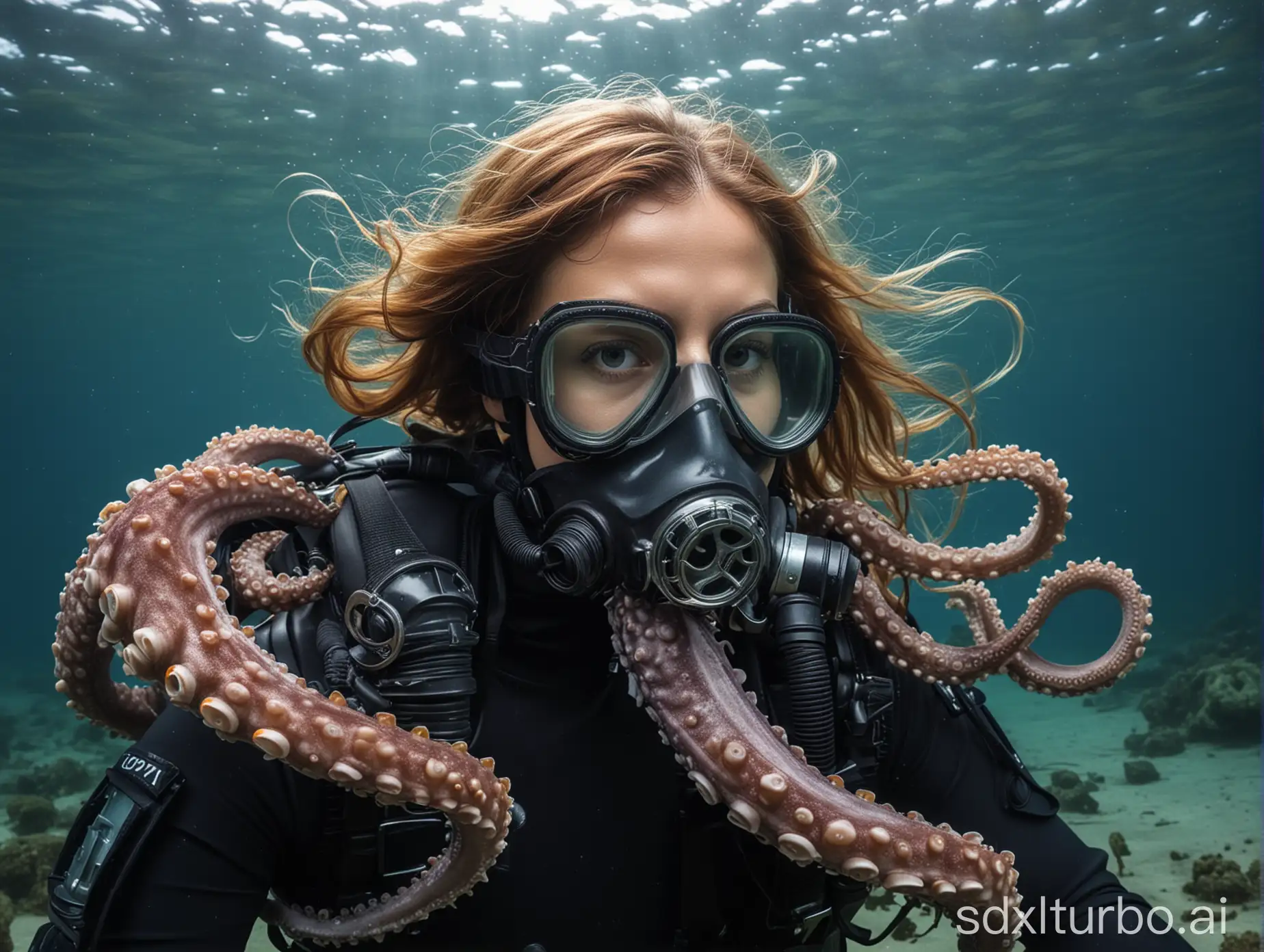 A woman dressed in a scuba diving suit, with a scuba diving mask on her face, a breathing apparatus for diving in her mouth, underwater, entwined by a large octopus