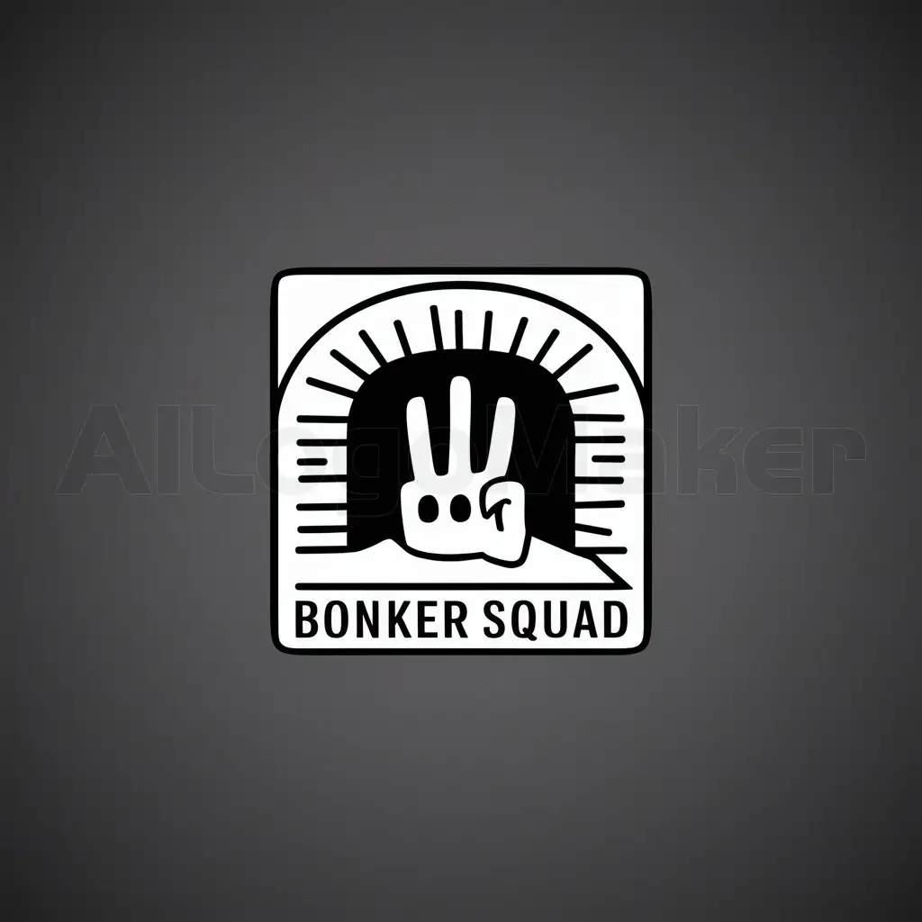 a logo design,with the text "Bonker Squad", main symbol:create a logo in black and white  for a Berlin techno collective with the name Bonker Squad, the logo should be quadratic , the logo image should have the perspective of a face lurking out of the bunker entrance holding the hand in front of the face with 3 fingers in front of the face,Minimalistic,be used in Entertainment industry,clear background