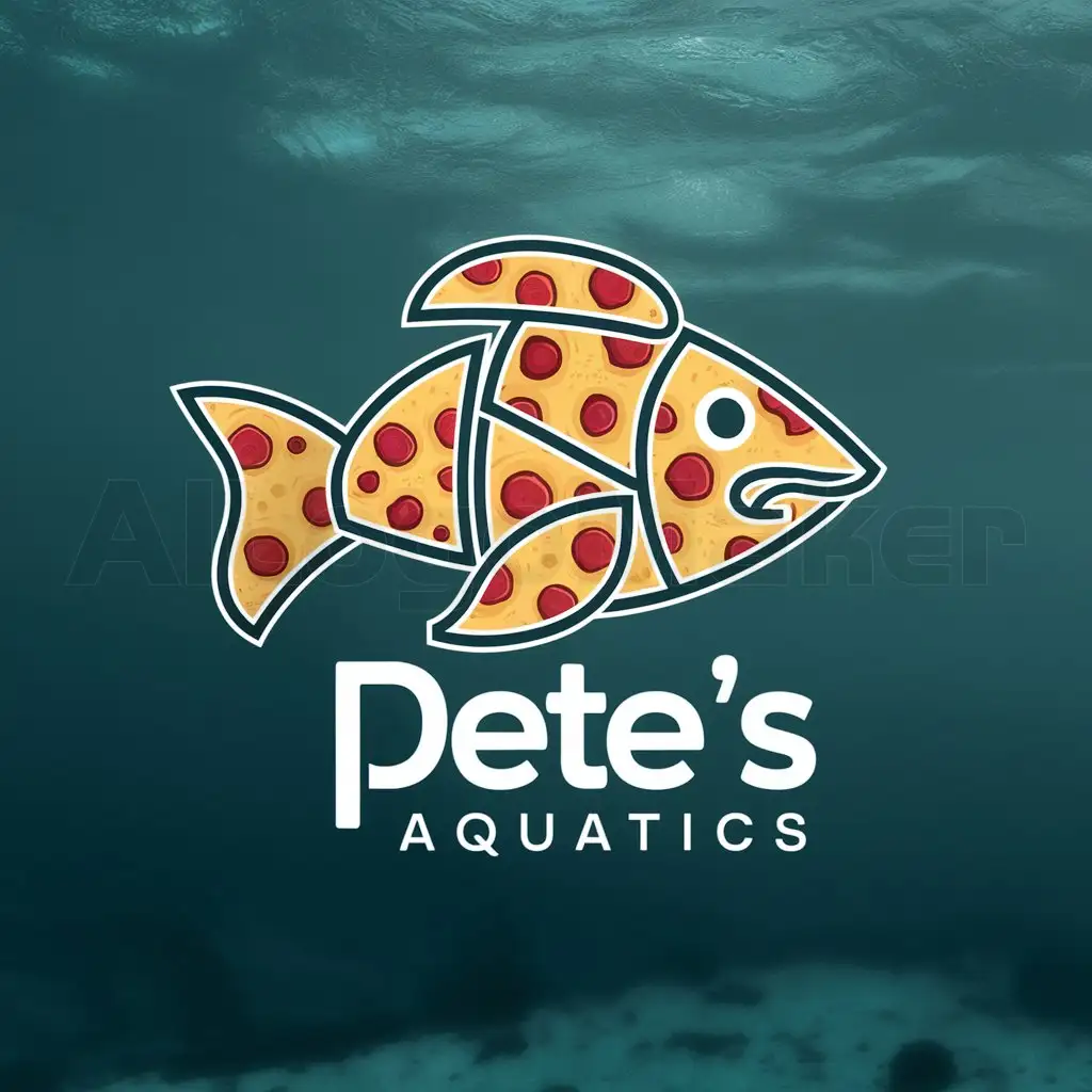 a logo design,with the text "Pete's Aquatics", main symbol:a logo of a fish, made up of pizza slices,Moderate,clear background