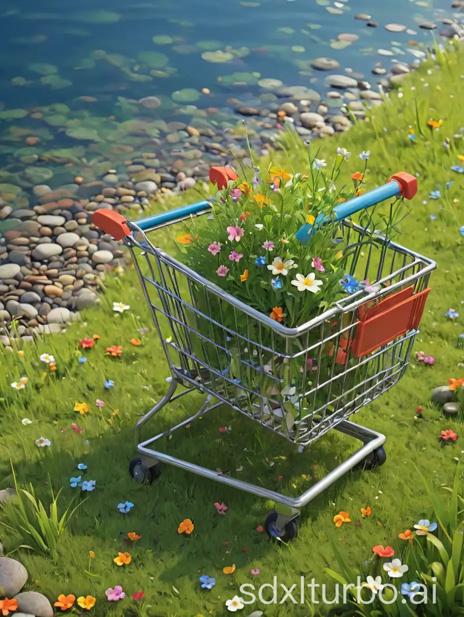 painting 45 degrees downward looking angle, a large area of green grass scattered with multi-color five-petal small flowers and pebbles, the foreground is an empty shopping cart, the background is a blue lake, cartoon c4d cute style, colors fresh and rich