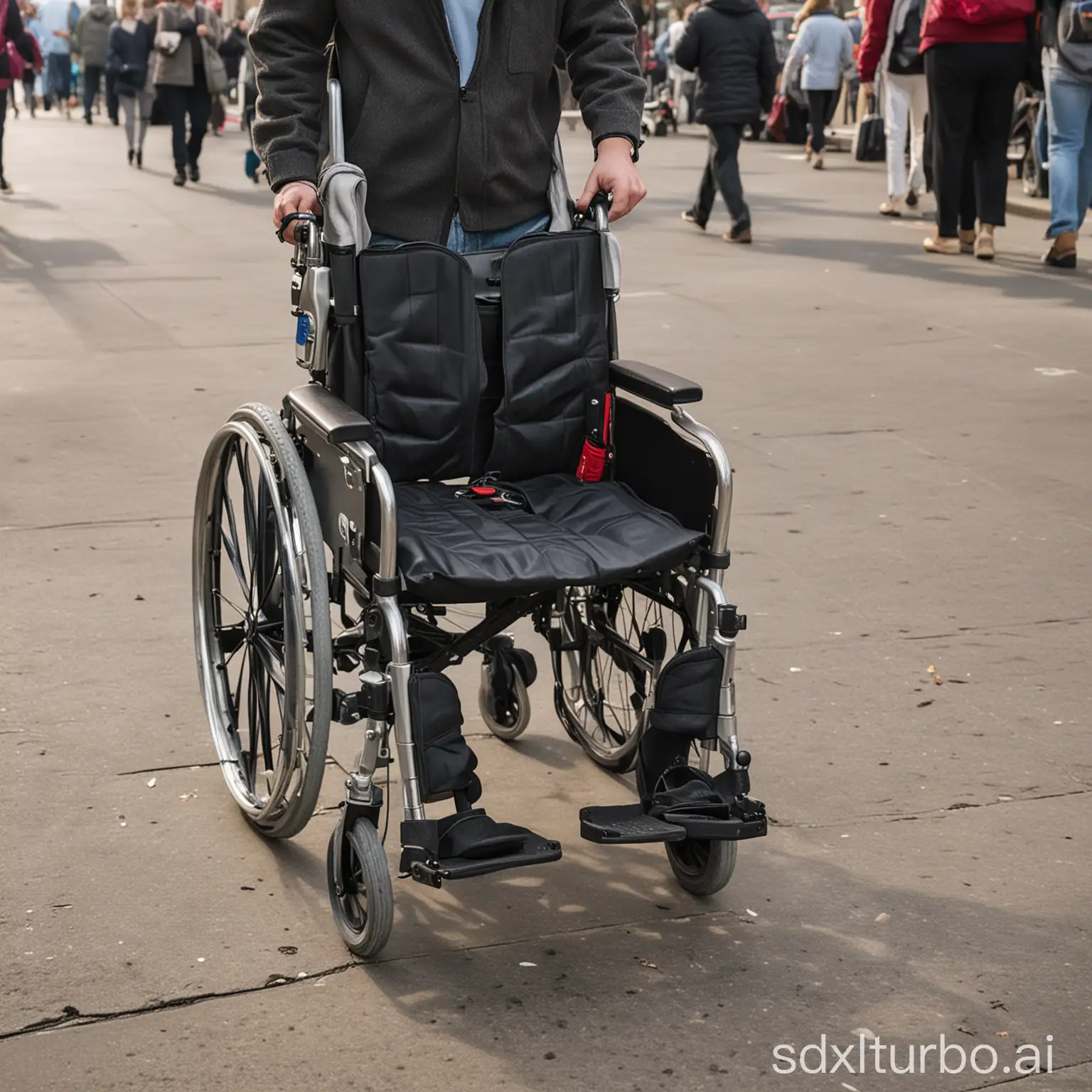 A person using a wheelchair to navigate a crowded sidewalk. The wheelchair is lightweight and easy to maneuver, allowing the person to get around with ease.