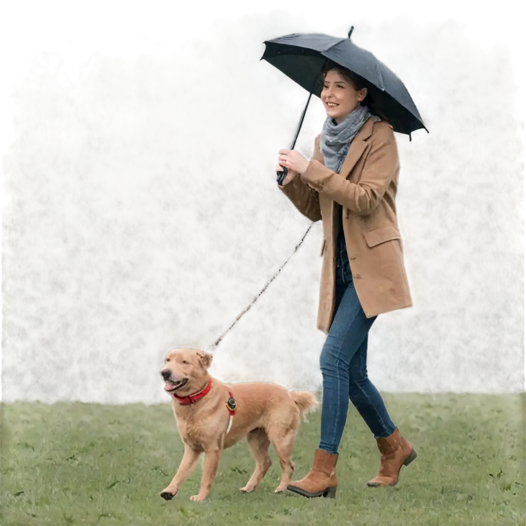 A happy person walking through a field with a wagging dog by their side. Rain or snow can be lightly falling in the background.