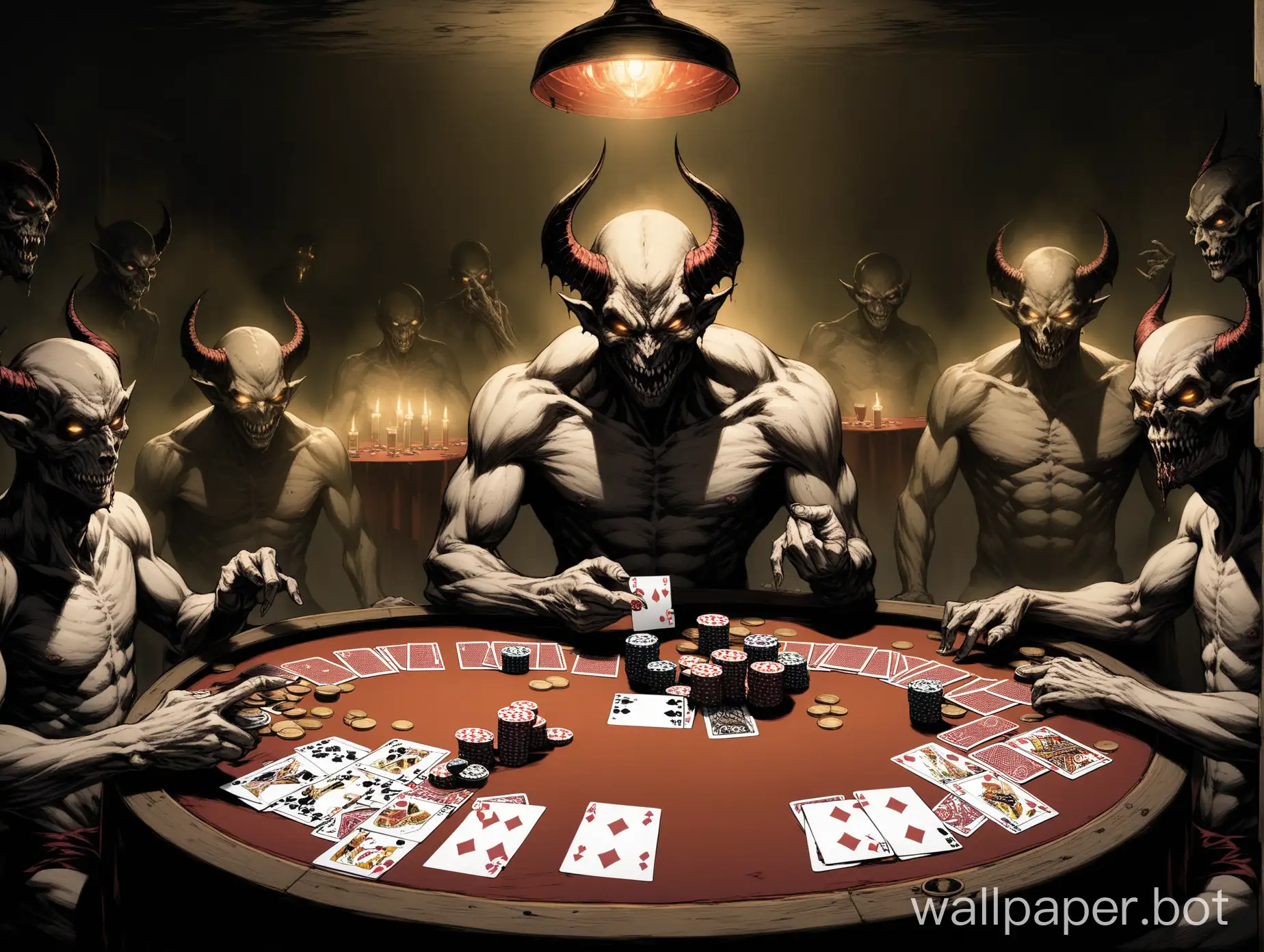 In a gloomy, shadowy room punctuated by a dim, ominous light, eight demonic figures sit at a weathered poker table. Each of these creatures is a grotesque distortion of the human form, their bodies twisted and distorted by the forces of the addictions they represent.

At the head of the table sits the demon of gambling addiction, whose eyes glow with greed and whose hands impatiently shuffle the cards. His figure is covered with playing coins and playing cards, symbols of the destructive obsession that dominates his being.

On his right side sits the demon of anorexia, a gaunt and emaciated figure, his skin stretched taut over his bones. In one hand he holds a scale, symbolizing the constant obsession with weight control and self-denial.

Opposite, at the other end of the table, sits the demon of lust, whose fleshly form is distorted by an insatiable desire. His eyes glow with libidinous desire as he lasciviously puffs on a cigar and makes obscene gestures.

At his side sits the demon of social media addiction, his distorted face dominated by a smartphone whose screen emits a hypnotizing glow. His fingers are covered in bloody scratches, relics of his constant search for validation and recognition in the virtual world.

The other demons, each with their own frightening display, surround the table, filling the room with an aura of despair and depravity. Clouds of smoke and the smell of alcohol hang in the air as addictions unite in a deadly dance, ready to devour the souls of those who have fallen for them. An image of horror and destruction that fills the viewer with fear and disgust and allows them to look into the dark depths of the human soul.