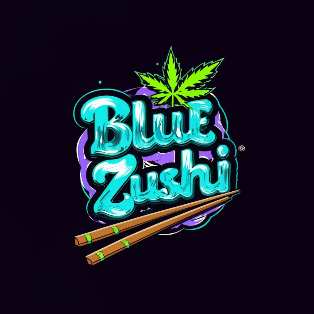 a logo design,with the text "blue zushi", main symbol:marijuana sushi, jeeter juice style, bubble letters, weed in the background,complex,be used in Others industry,clear background