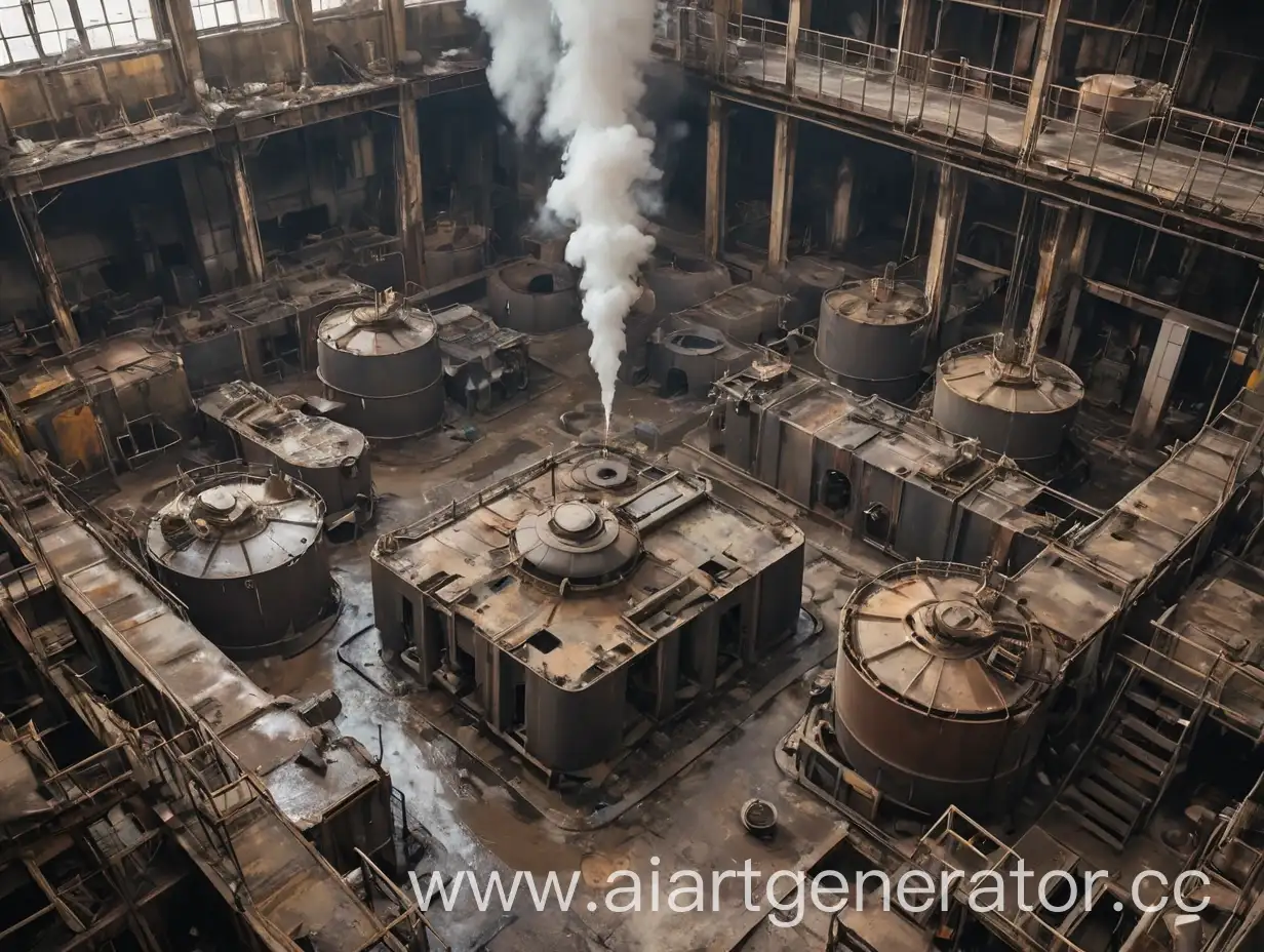 a larger workshop, top view from below in the workshop there are torn tanks, toxic liquid leaked out of the tanks, from the explosion there is a mess everywhere, everything is broken and everything is in smoke