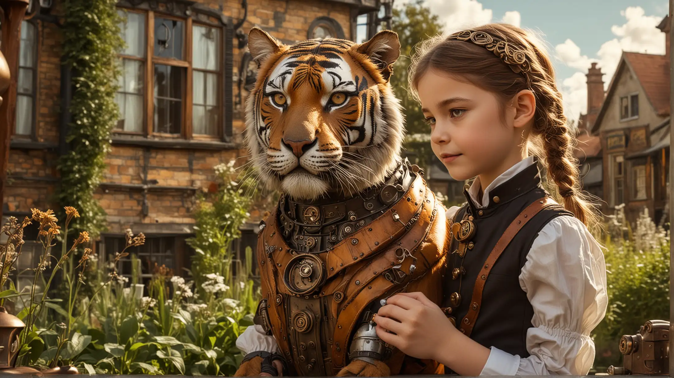 a seven-year-old steampunk girl strokes a tiger with a steampunk collar in a garden in front of a steampunk house, sunny