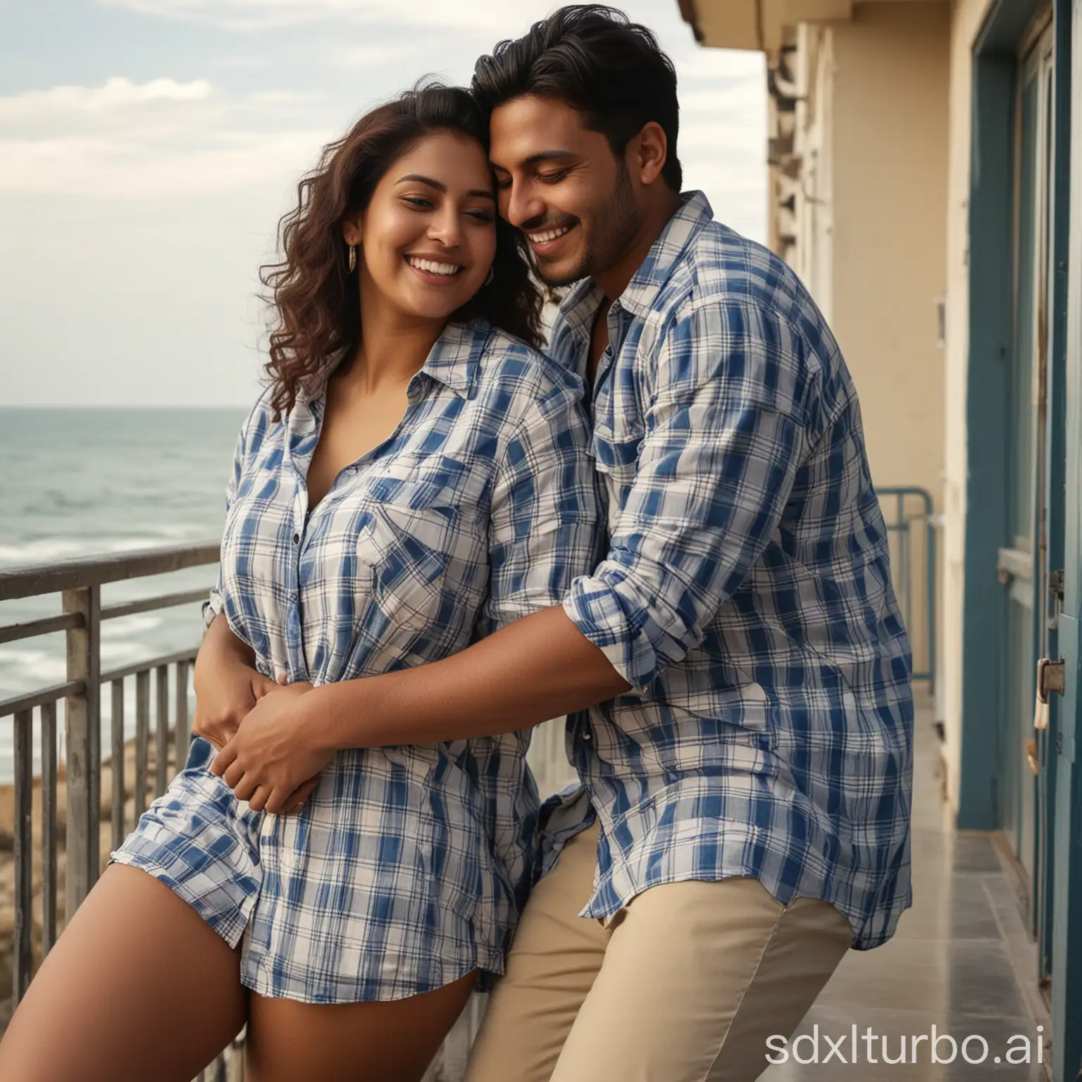 a beautiful white skin thick curvy voluptuous chubby Indian woman, in a oversized baggy buttoned tied checked shirt , cuddling her handsome boyfriend on a beach balcony, RAW photography, cinematic lighting, realistic reflections, highly detailed. ((Seductive big smile)), sharp detail, 4k. Beautiful featured face, sexy thighs and butt