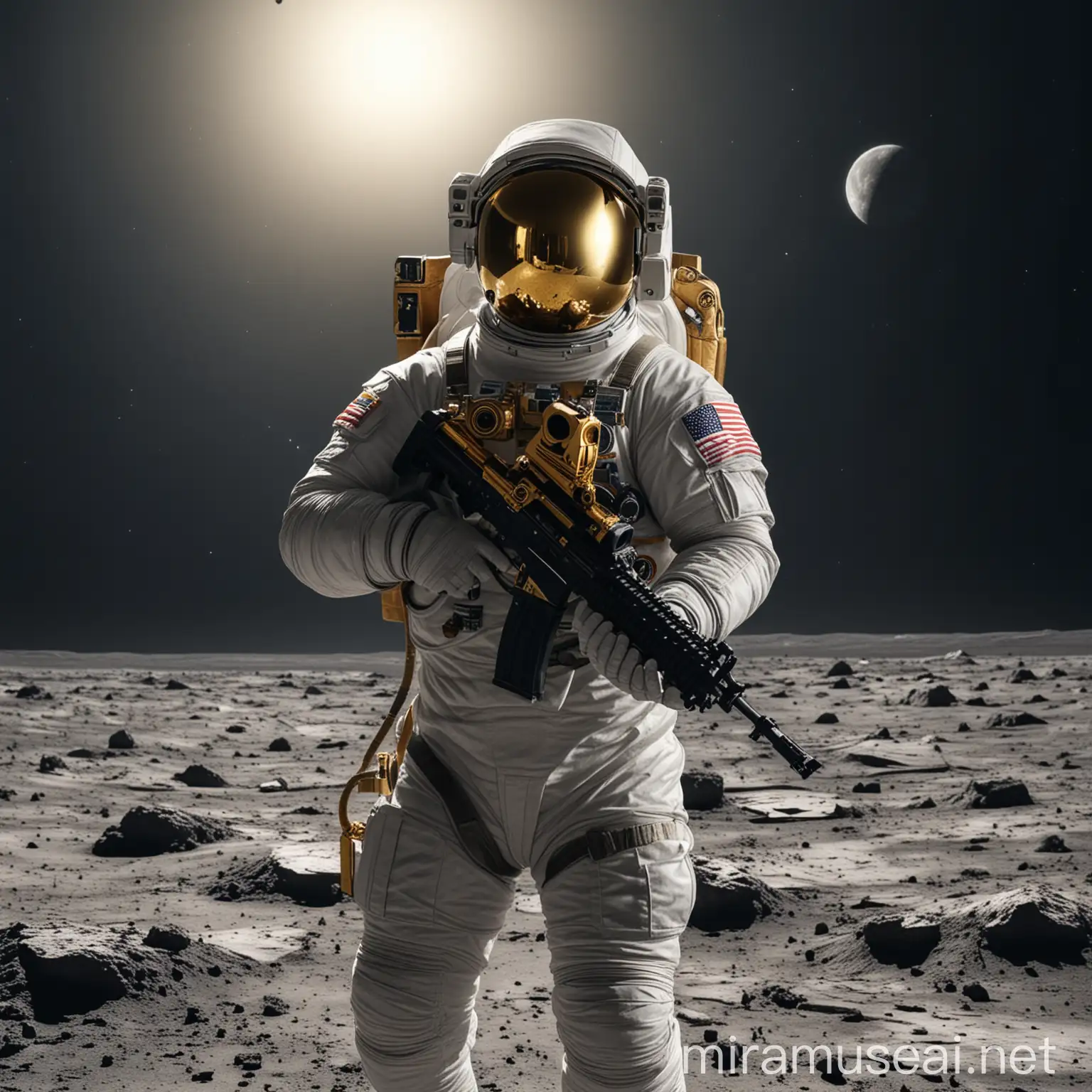 NASA astronaut in a spacesuit with a golden mirror visor, holding an assault rifle, looking at the camera, standing on smooth Moon surface, black outer space, cinematic