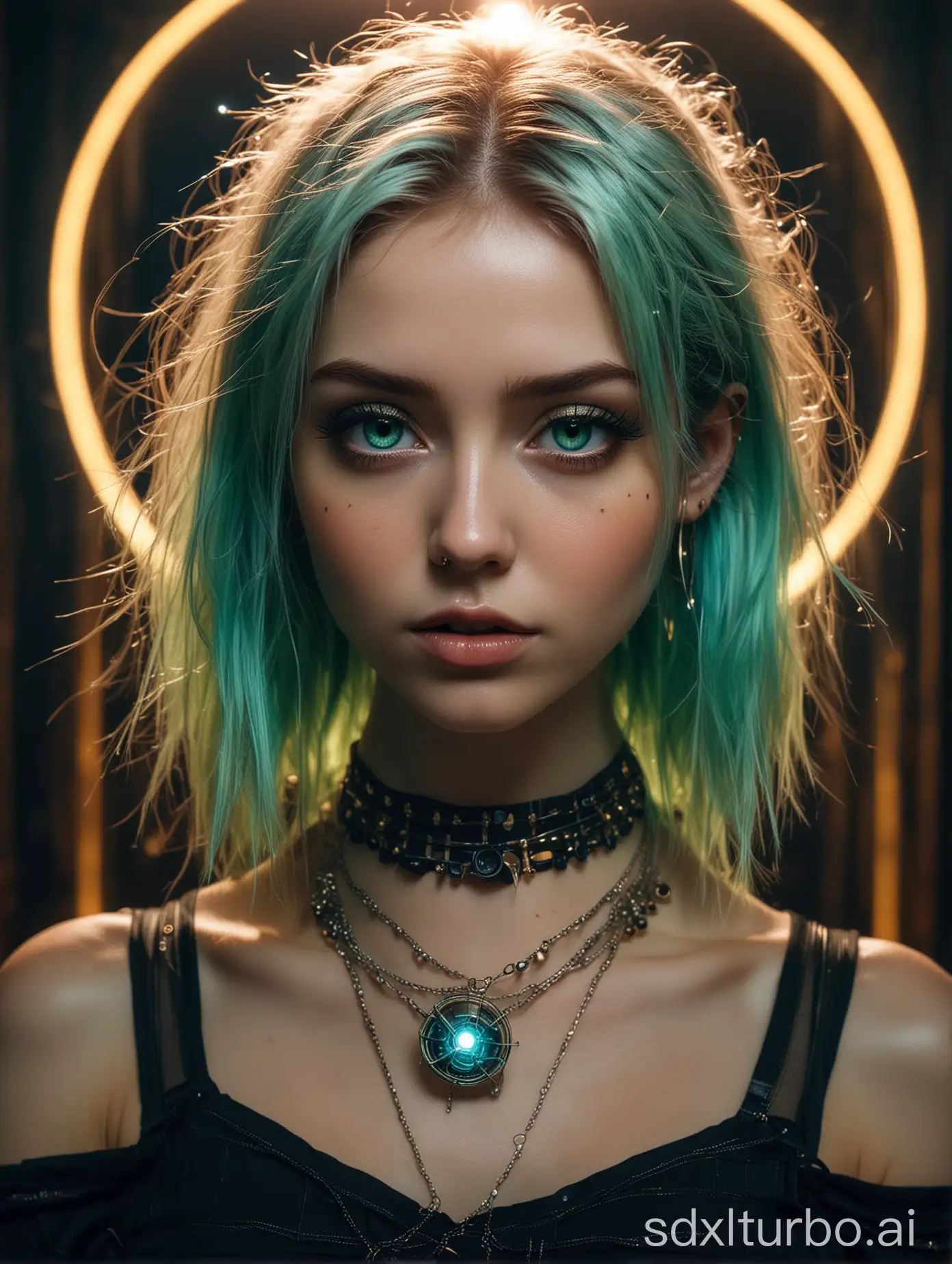 Futuristic-Girl-Portrait-in-Neon-Grid-with-Enchanting-Green-Hair