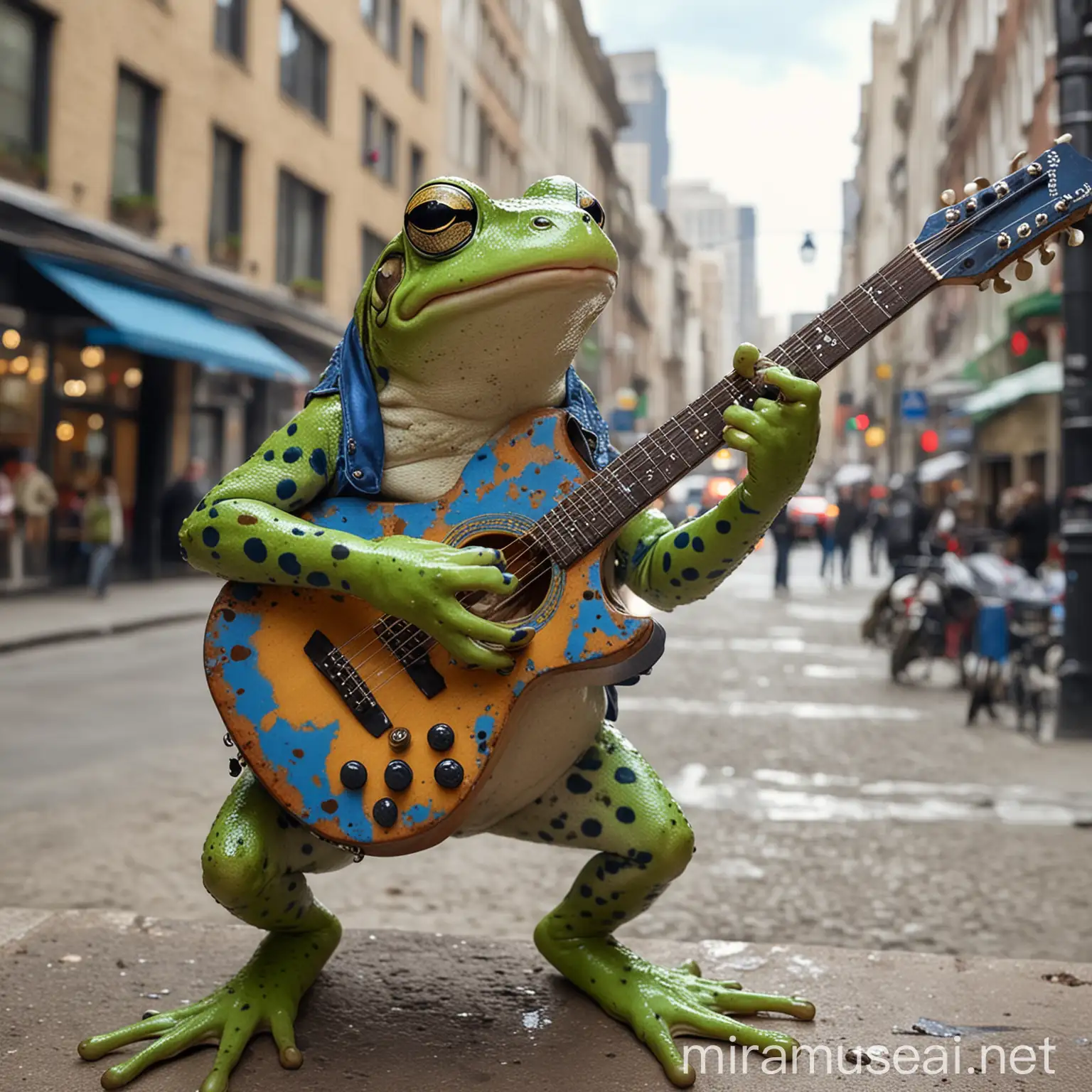 A green frog with blue spots, strumming an acoustic guitar, in a busy city