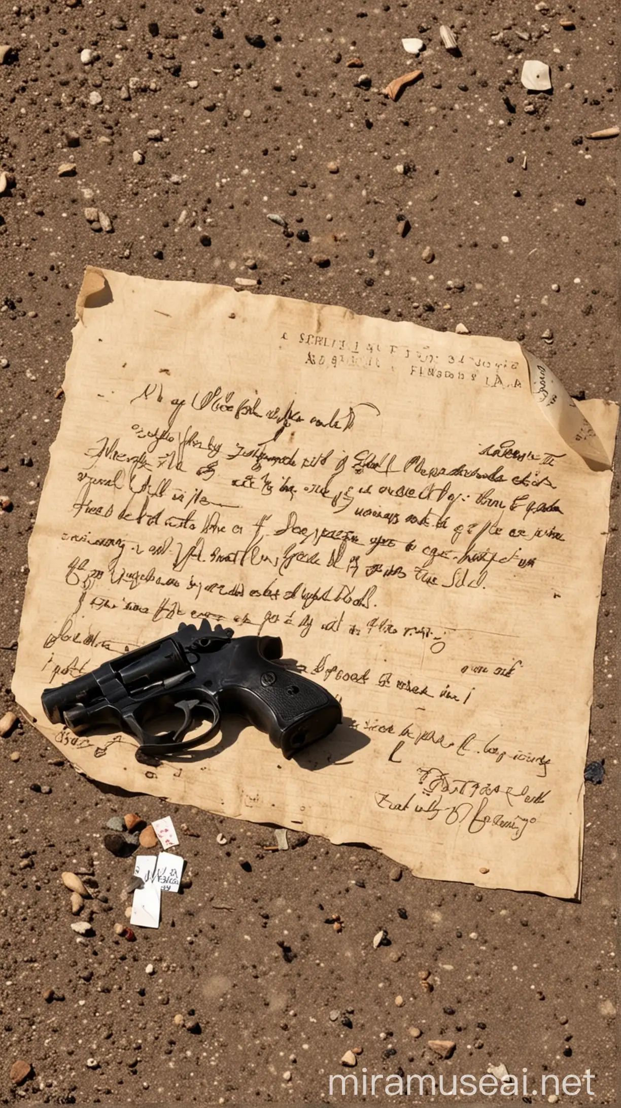 A gun and a letter are found on the dead man on the ground.