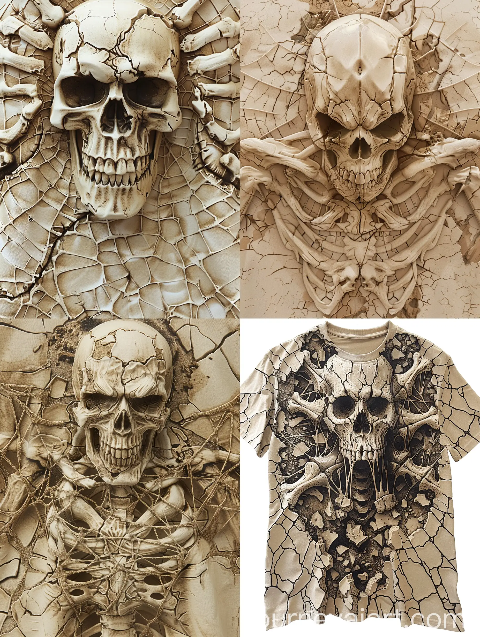 create  a three-dimensional, sculpted t-shirt with a highly detailed skeletal design. The centerpiece is a large, menacing skull on the upper chest area, surrounded by raised designs that resemble bones or an exoskeleton, creating a web-like or cracked earth pattern across the shirt. The monochromatic color scheme in shades of beige and brown enhances the realistic skeletal appearance, making the shirt resemble a piece of bone armor.