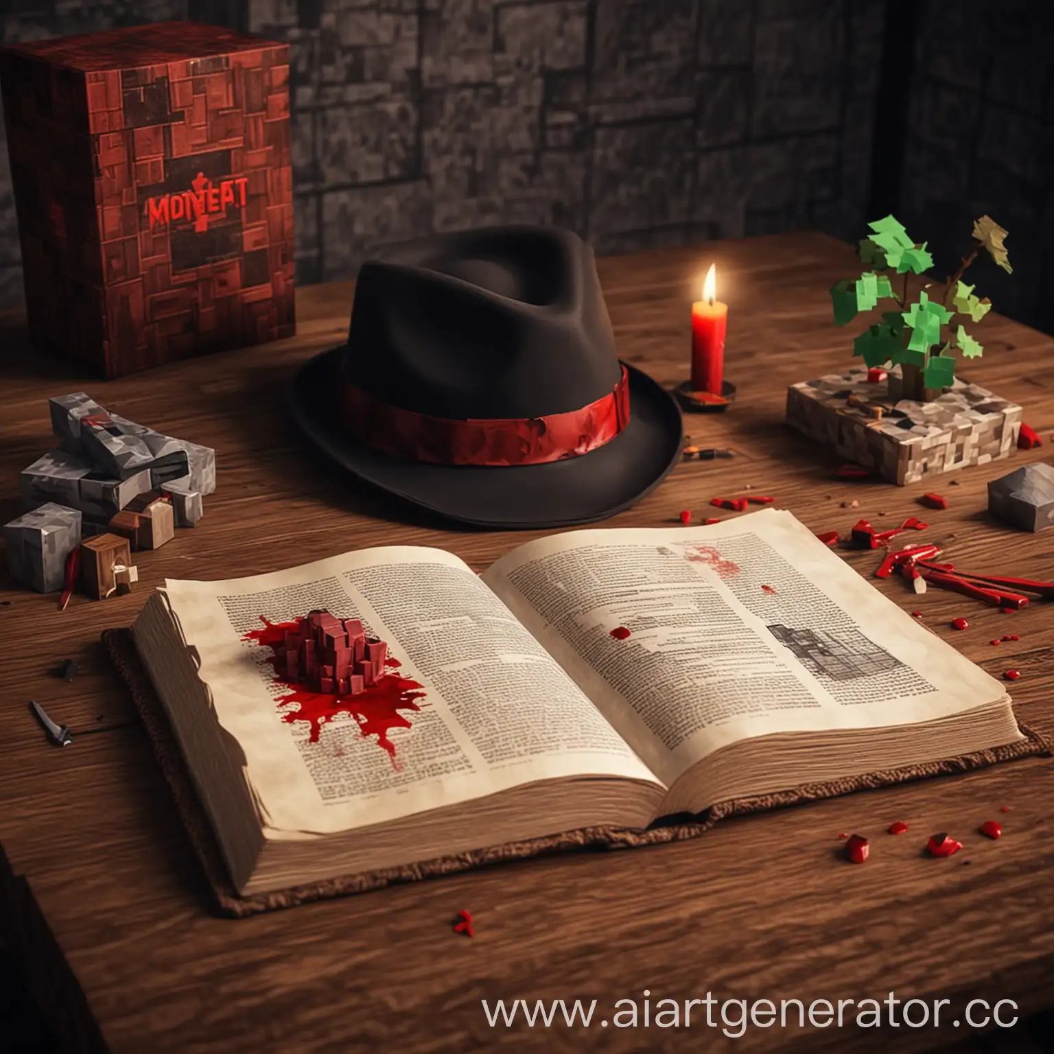 шляпа Детектива лежит на столе она в крови, раядом с ней раскрытая книга, стилистика майкрафт