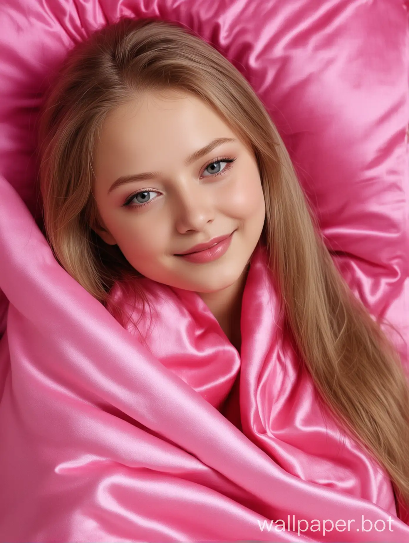 Сладкая милашка Юлия Липницкая с длинными прямыми шелковистыми волосами в розовом фуксиевом шелковом одеяле и подушке улыбается