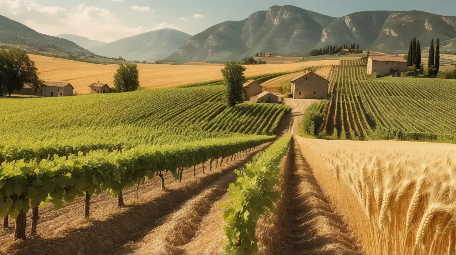Biblical Era Agriculture Vineyards and Wheat Fields under Midsummer Sun