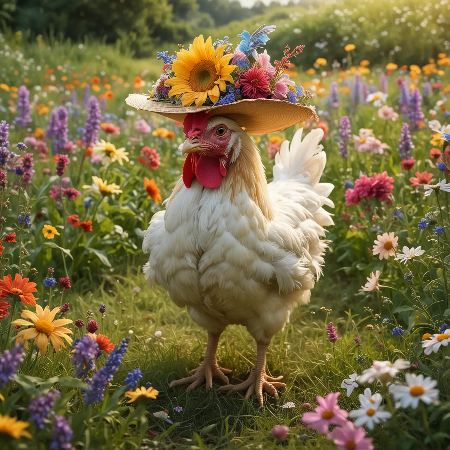 A realistic, beautiful, magical photo depicting a comic scene in which a colorful chicken in an elegant hat traverses a meadow full of various magical flowers. In the background, gently wavy flowers, and our heroine, dressed in an unexpectedly elegant hat, looks as if she is ready for extraordinary adventures. It's a picture full of humor and charm