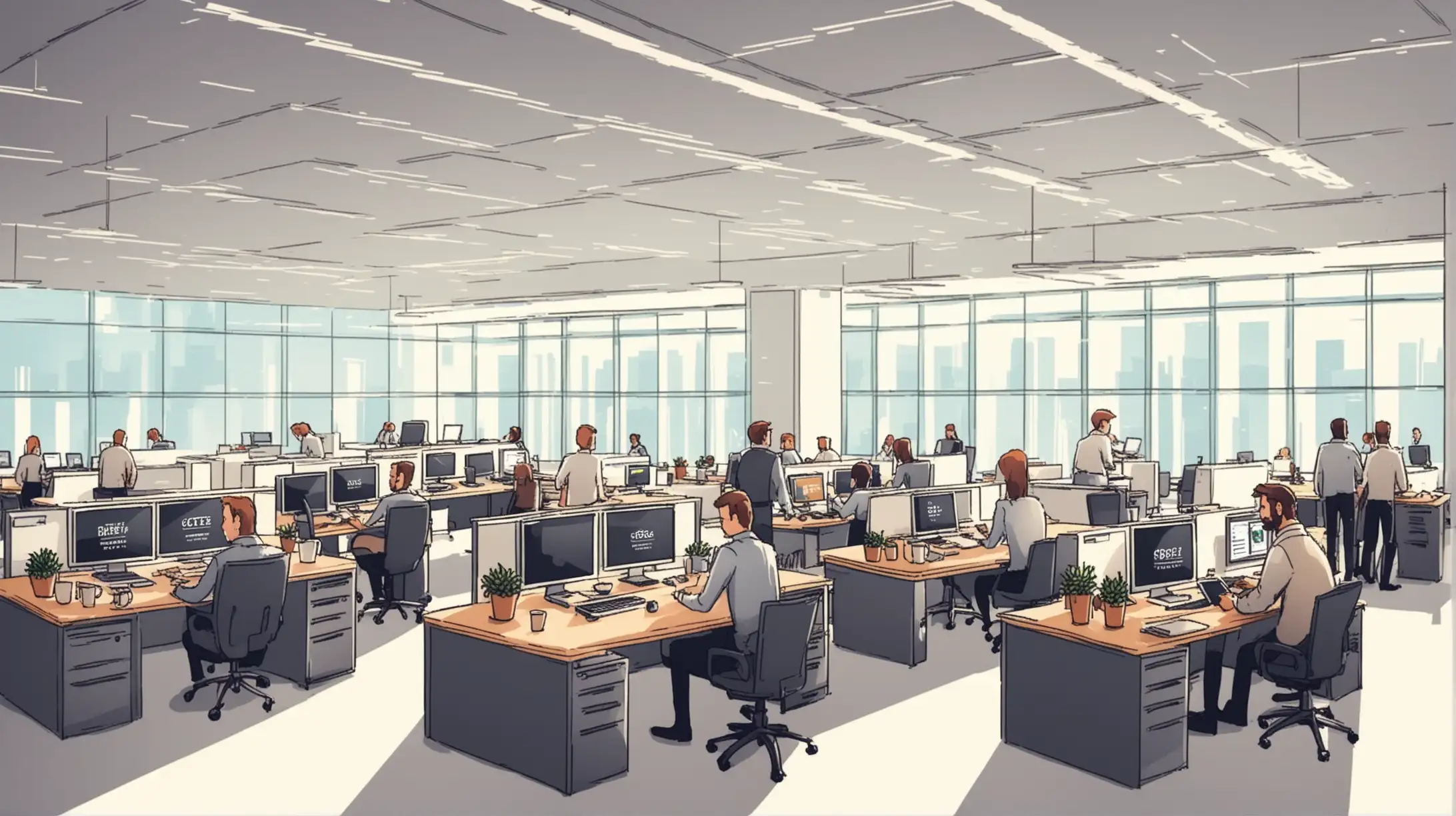 spacious corporate office with people working at computers, cafeteria to the left with people drinking coffee and working on laptops vector style
