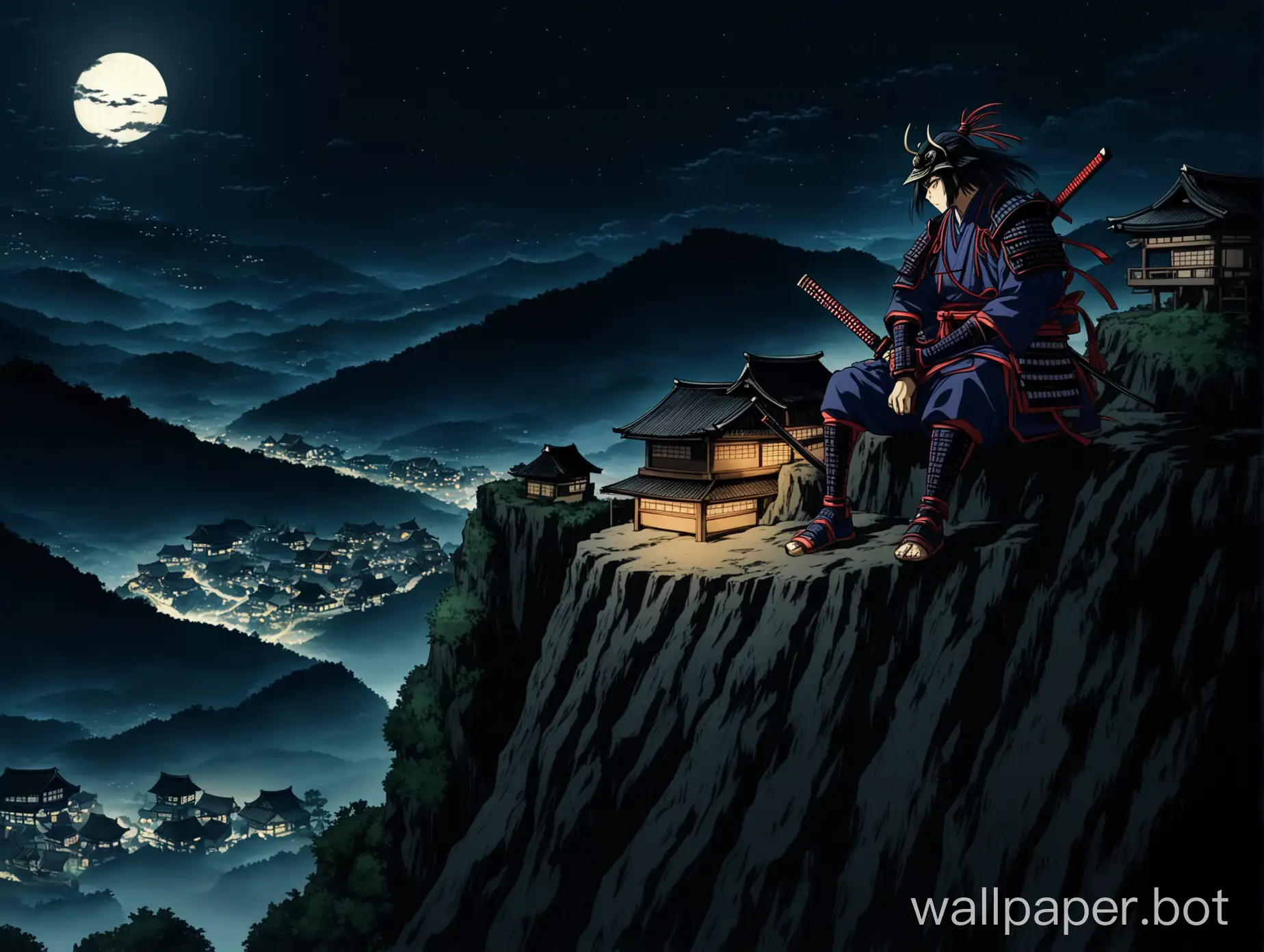 an anime samurai which is sitting on a cliff which leads to a preaty small village in the very dark night