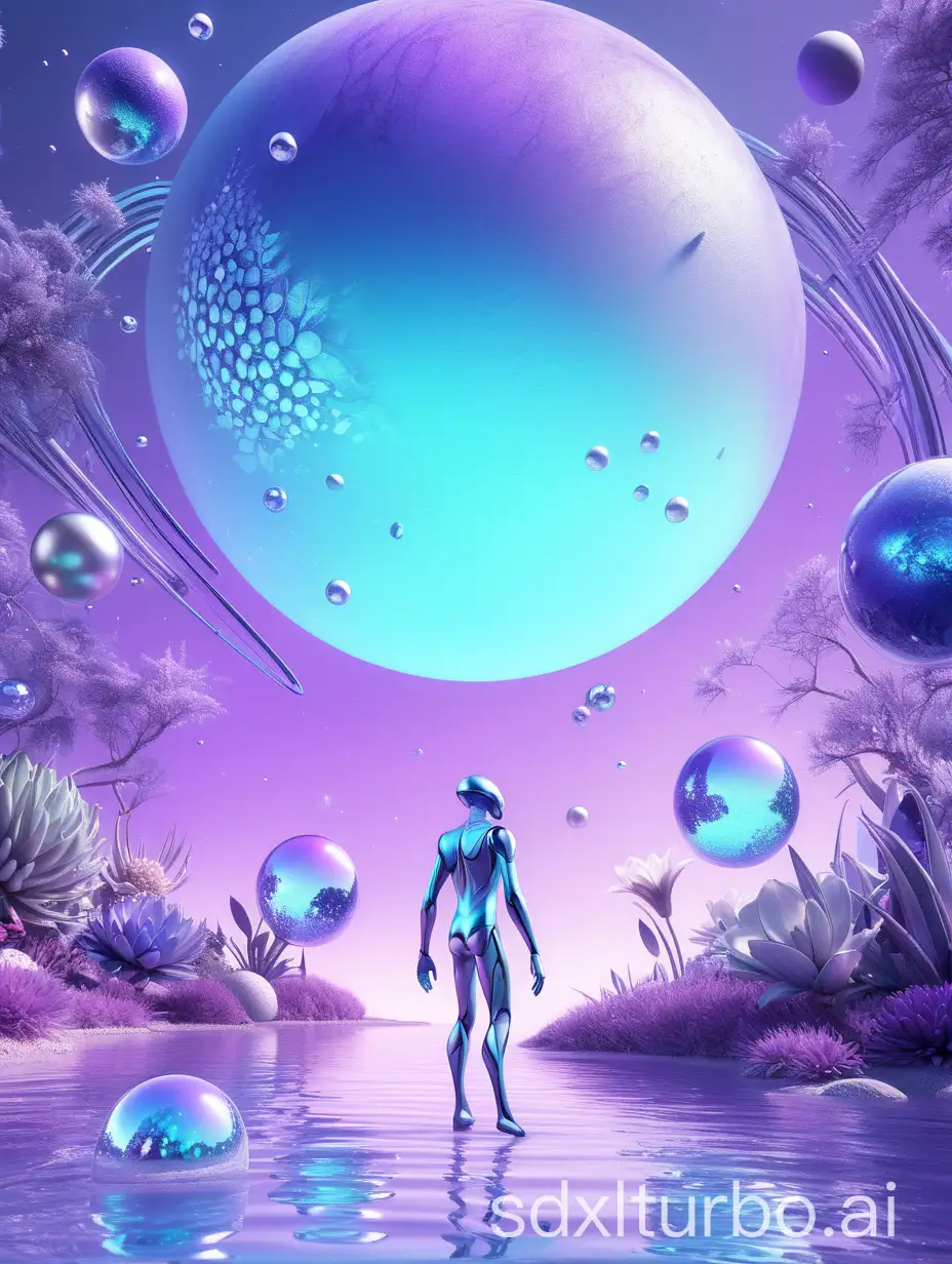 3D rendering of a purple, blue and silver gradient background with floating abstract shapes. A human in futuristic is interacting with the environment using gestures such as playing or running around the scene. In front there is an alien planet with water, plants and flowers. There should be small white spheres representing other fantasy creatures or elements. It gives off a feeling of