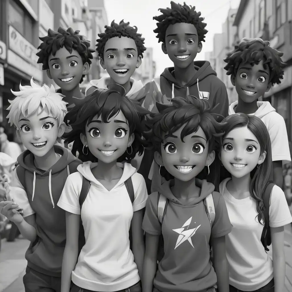 Multiracial Teenagers Embracing Joy in Monochrome Anime Style
