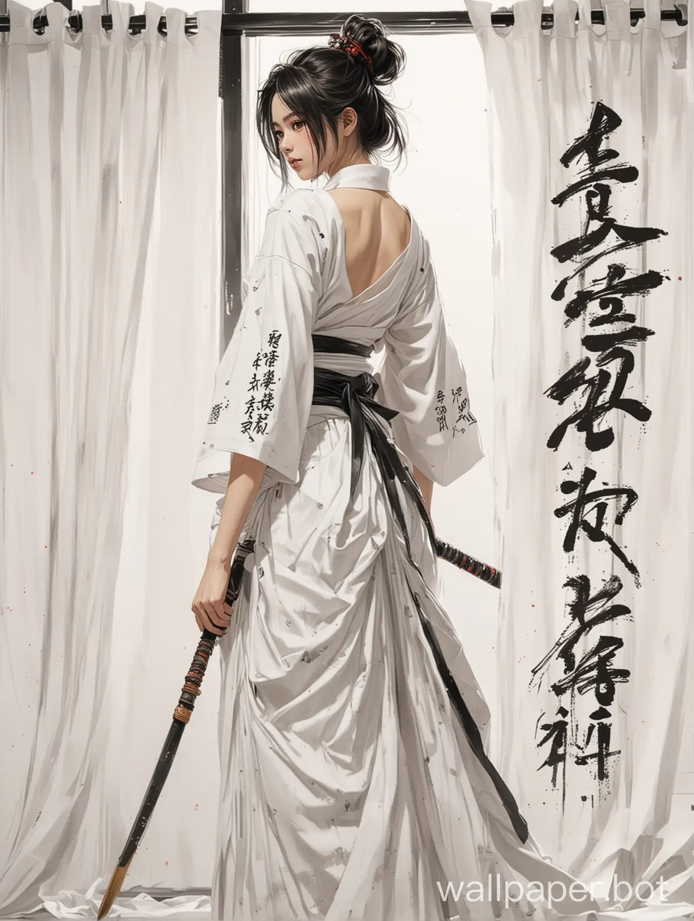cool japan girl, white dress, white background,Turn your body to the left, anime In the story,samurai,Sketching styles, japan words in front,Japanese-style white curtains,a few black strokes with a brush behind the body