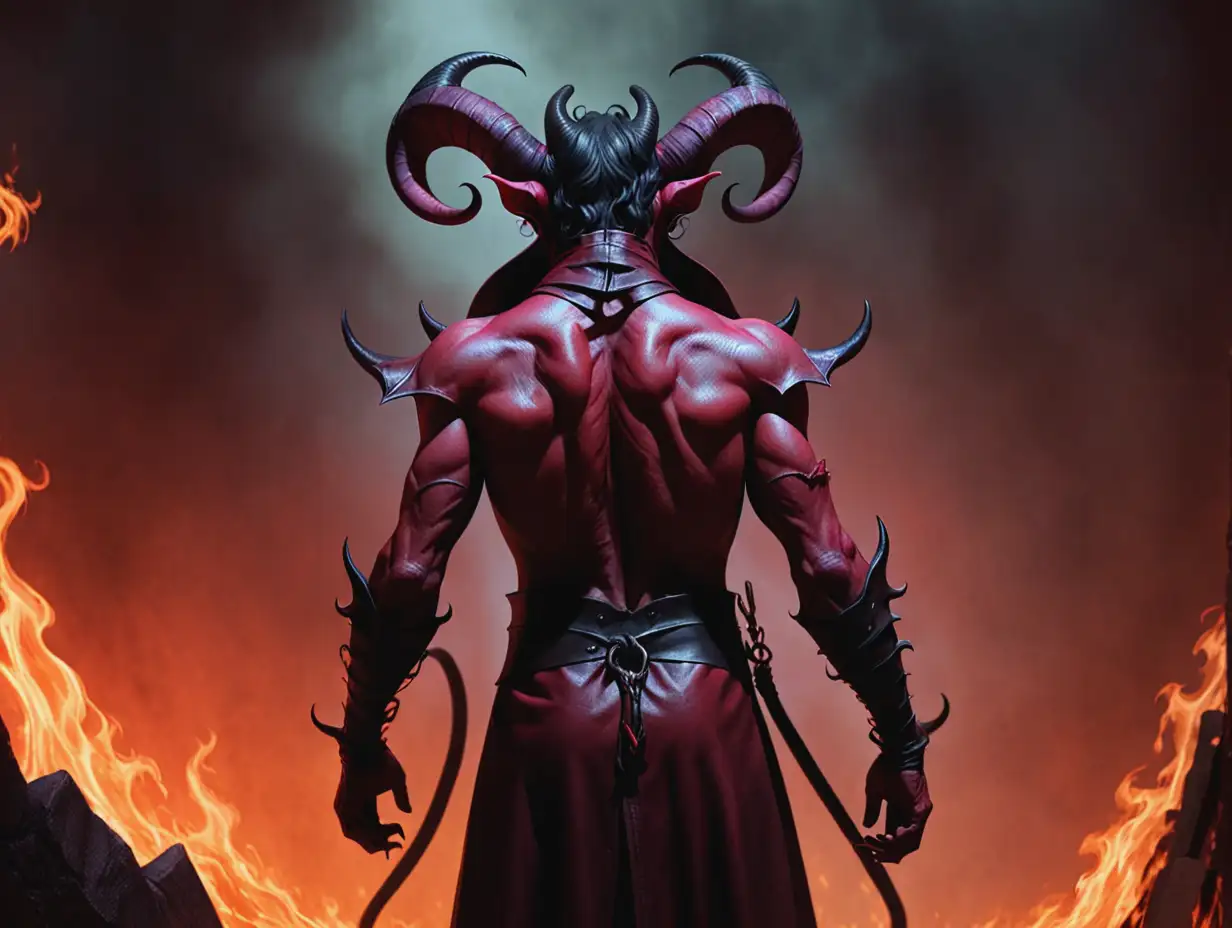 A Tiefling man epically stands with his back to hell