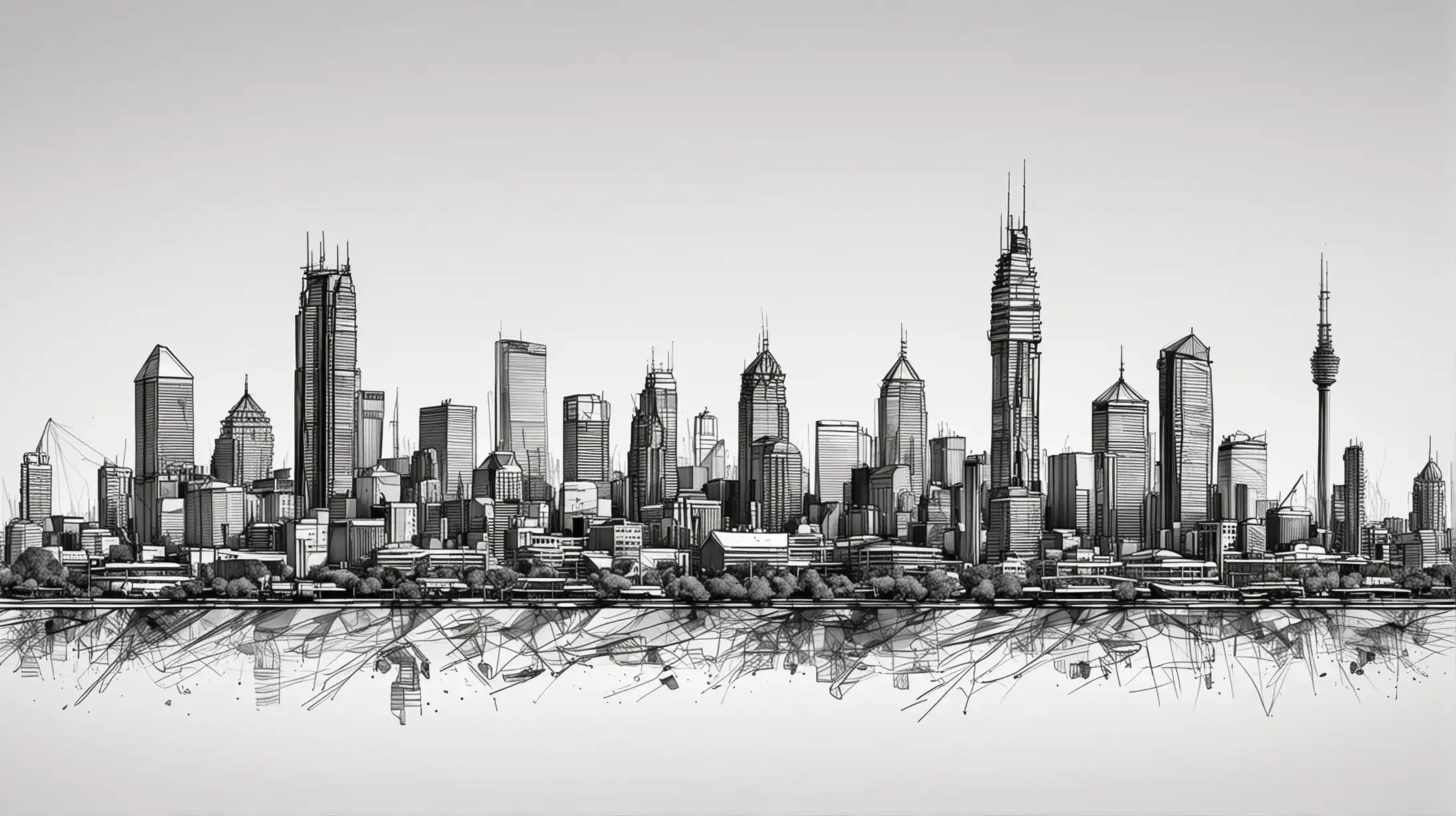 line art sketch of Johannesburg skyline in black and white isolated on a solid white background