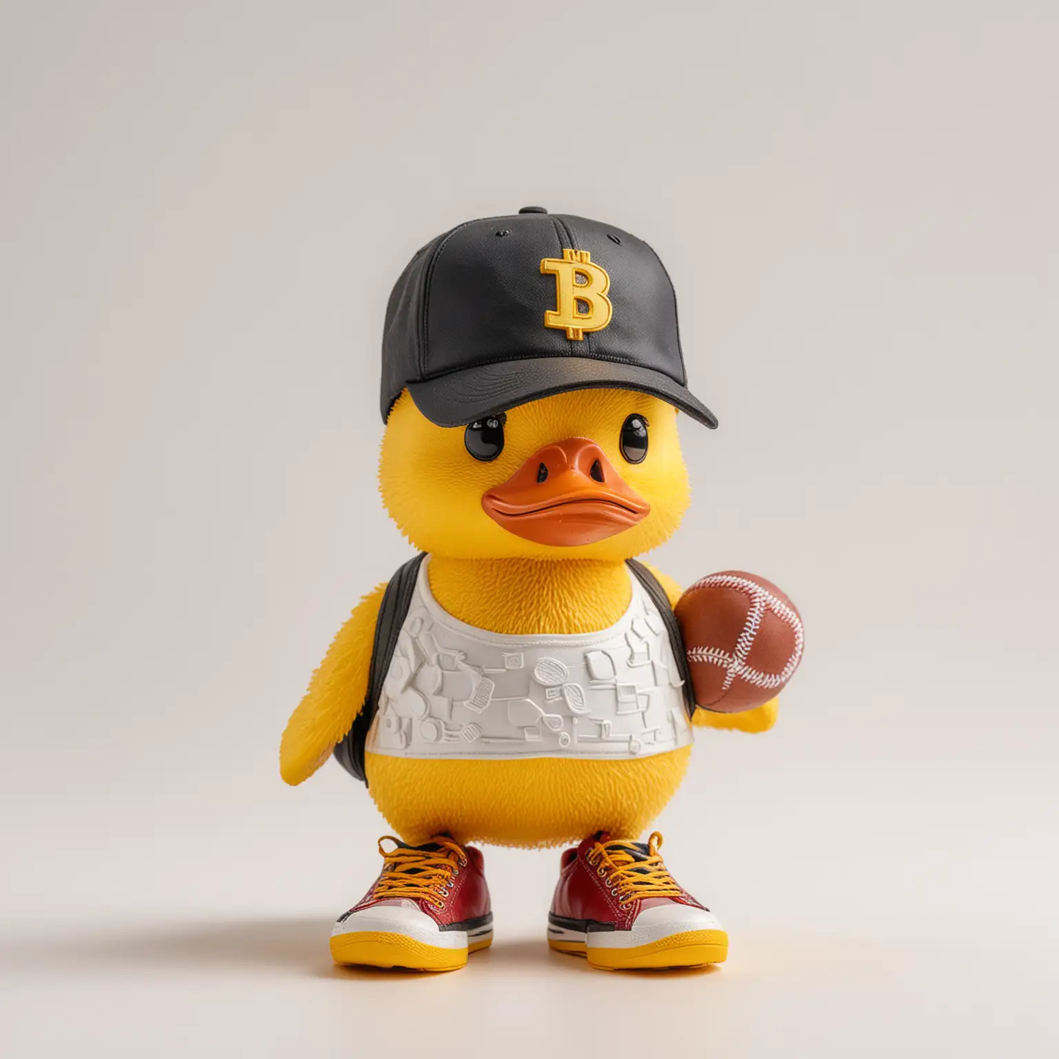 Bitcoin Yellow Duck Wearing Baseball Cap and Sports Shoes on White Background