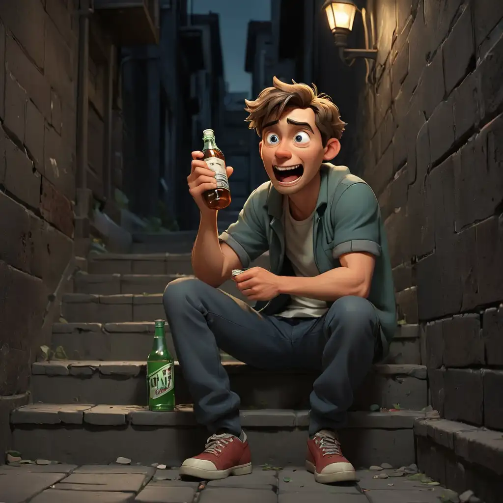 Cartoon-Man-Biting-Horizontal-Bottle-on-Dark-Alley-Stairs