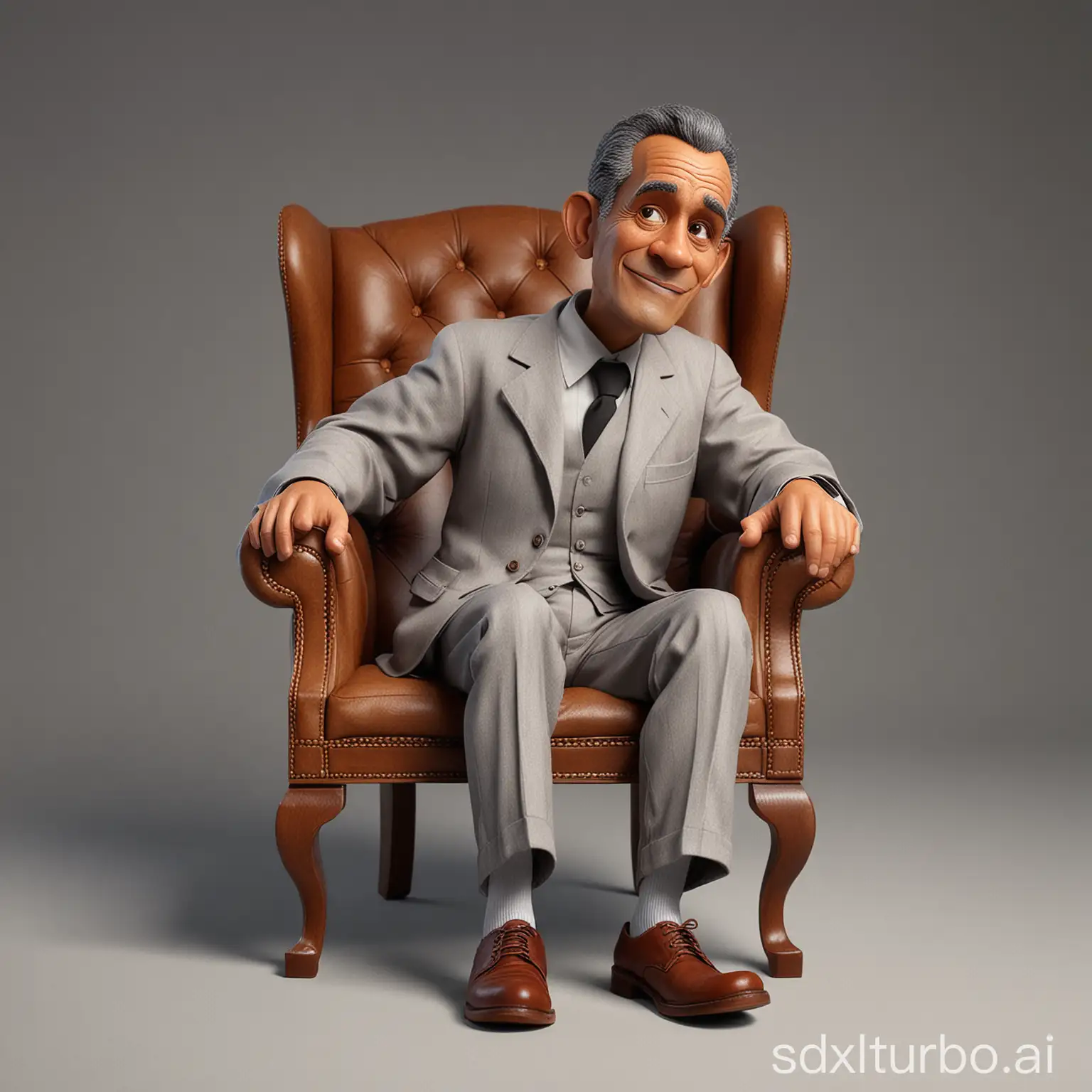 Obama, 3D Realistic Disney pixar style full body with a big head. Albraham Lincoln, a 60 year old man, is sitting relaxed in a classic brown color wingback wooden chair, the wood texture is clear. Wearing a white t-shirt covered with a gray jacket, wearing worn gray cloth trousers. Wearing brown shoes with black shoelaces. Sit with your legs crossed, your right hand holding a short wooden stick, your left hand placed on the edge of the chair. The background should contrast with the color of the chair and clothing,enhancing the overall composition of the picture. Use soft photography lighting, dramatic overhead lighting, very high image quality, clear character details, UHD, 16k.