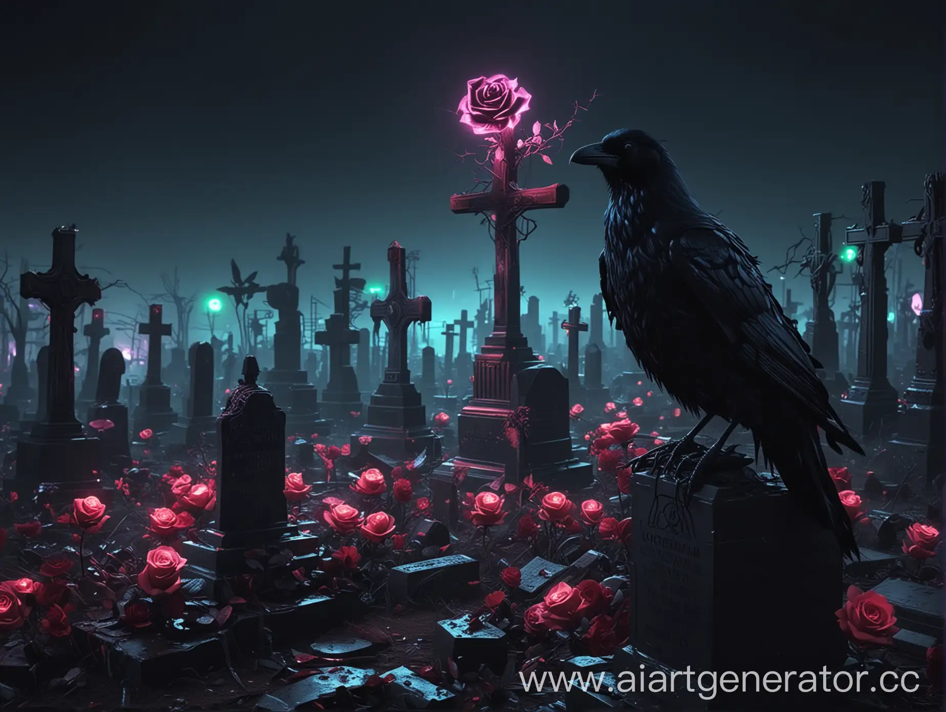 Gothic-Black-Rose-Raven-Cemetery-Neon-Cyberpunk-Glow-Night