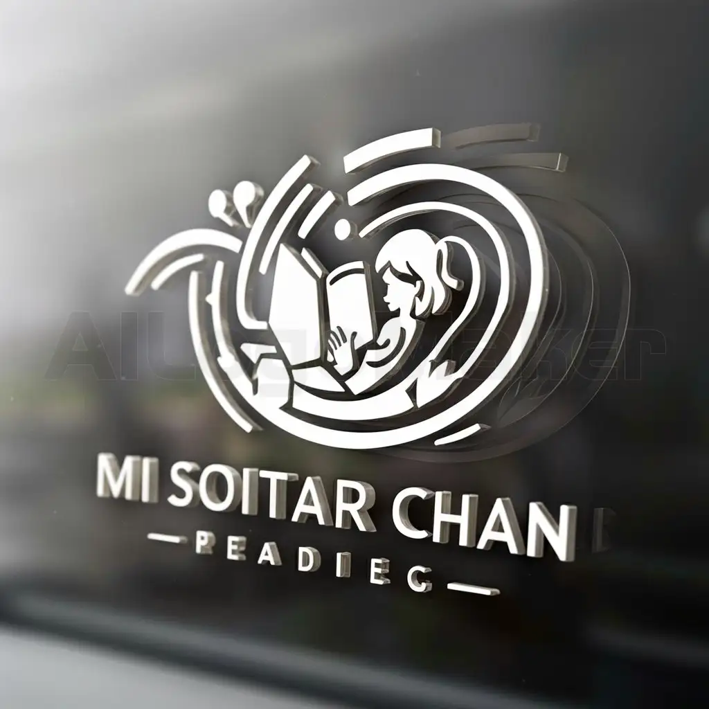 a logo design,with the text "Mi Soitar Chan", main symbol:Read a book with girl,complex,be used in Reading industry,clear background