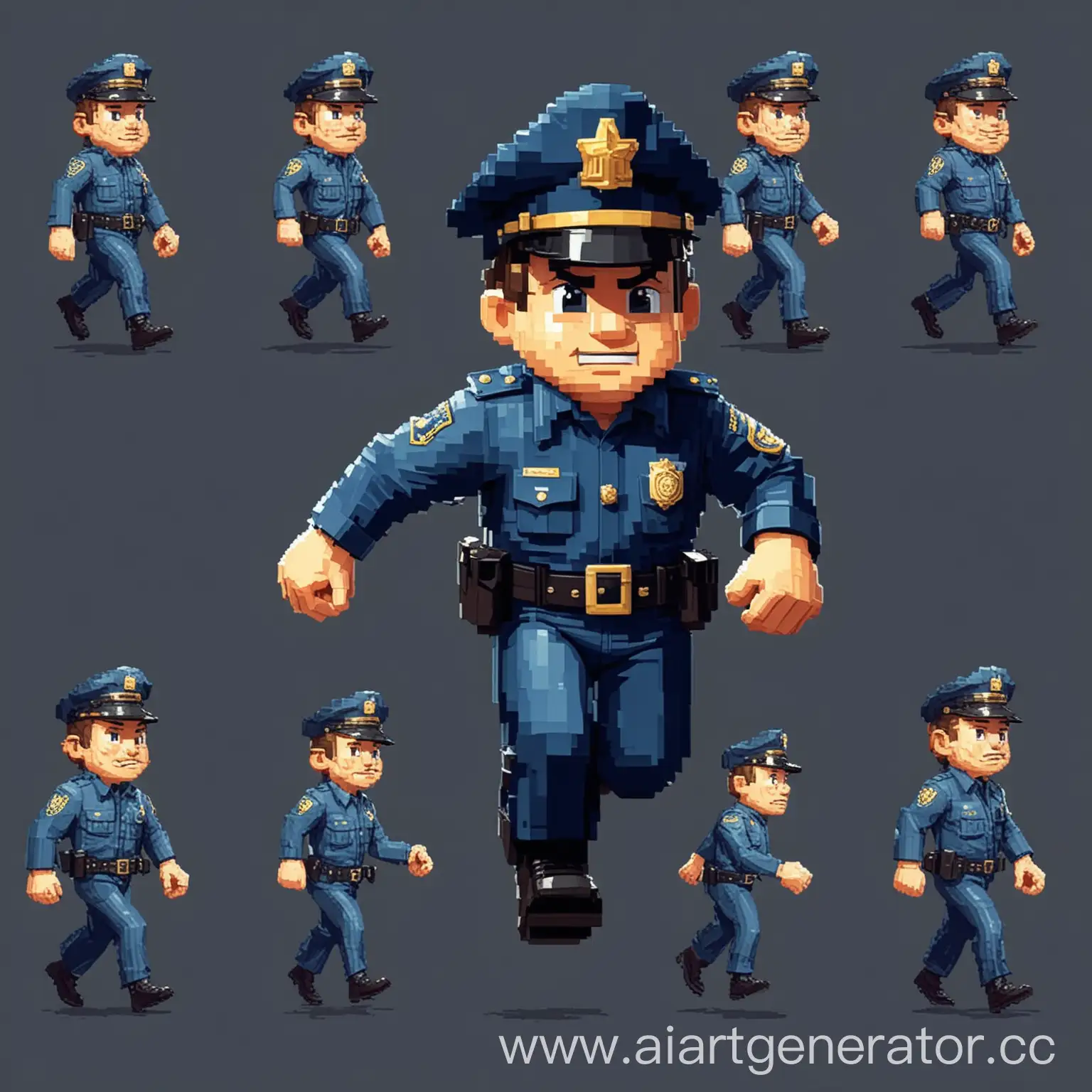 маленький бегающий полицейский как в американских мультиках 60х годов
изобразить его в нескольких видах движения как в пиксельной игре
изобразить его в 8-битном пиксельном виде