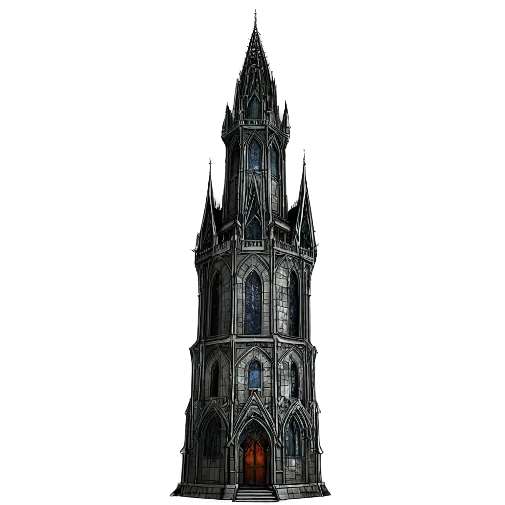 dark gothic fantasy tower with coal texture and jagged edges. lots of detail in texture. stained glass in windows.