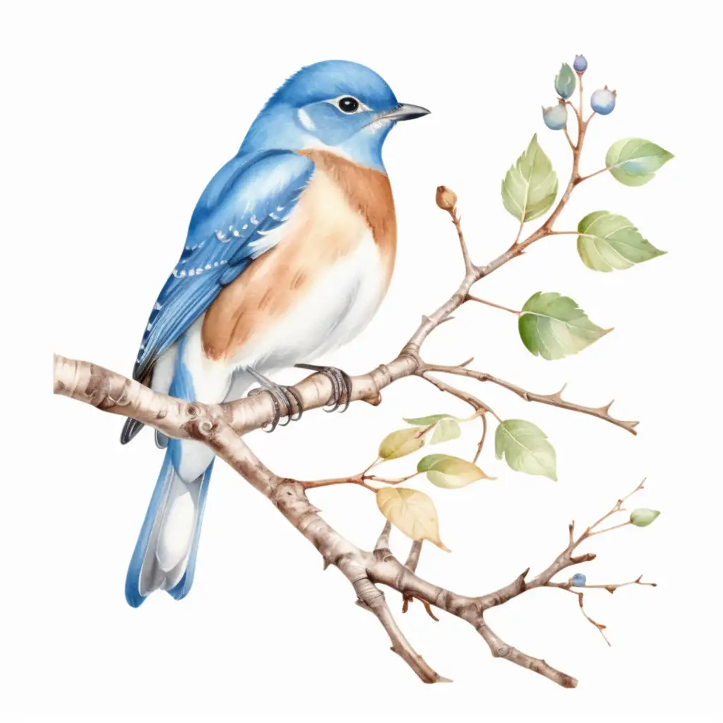 Aesthetic Watercolor Blue Bird on Branch Delicate Clipart Design