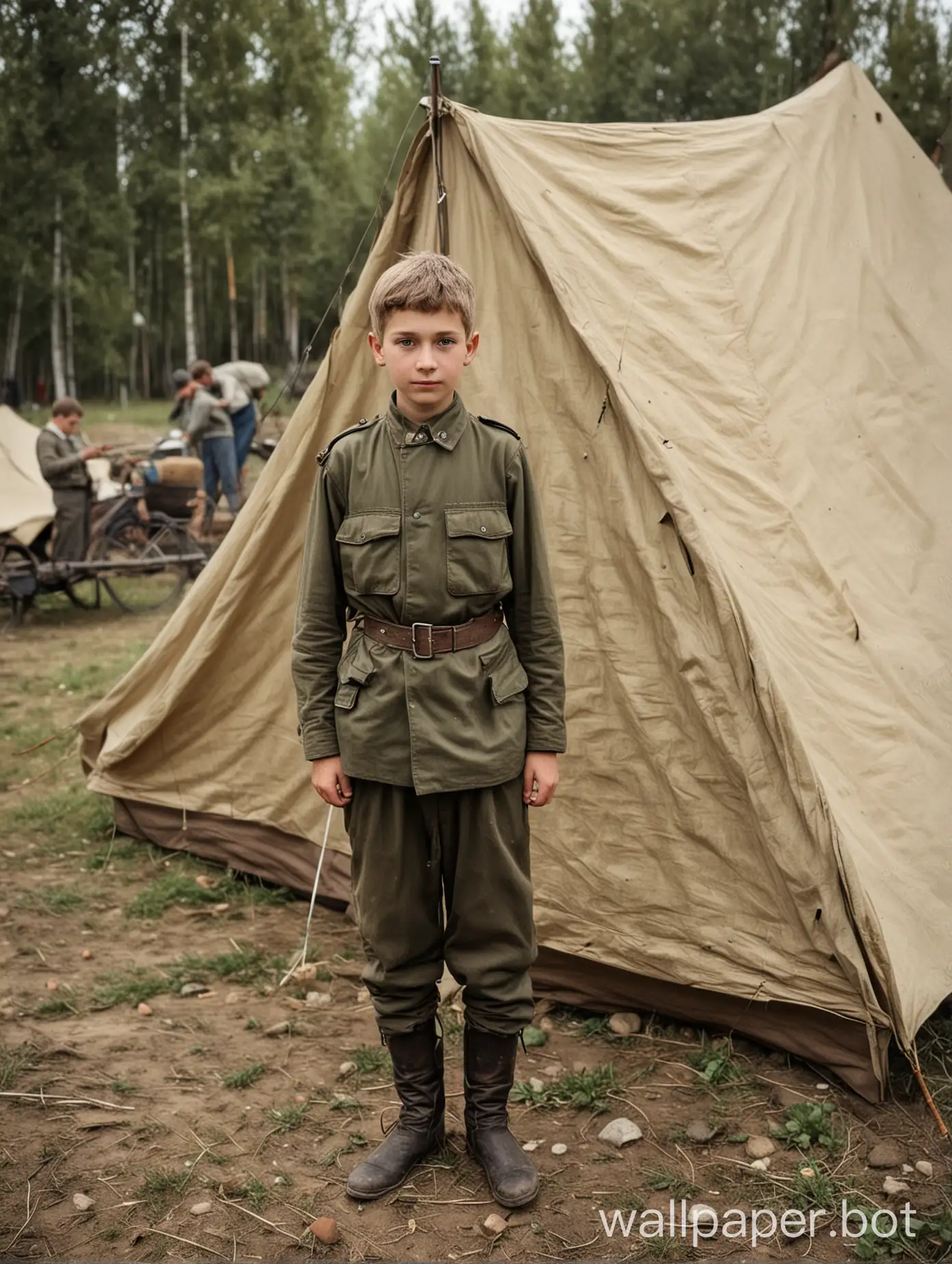 Soviet pioneer boy 13 years old, tent, full height, people in the background